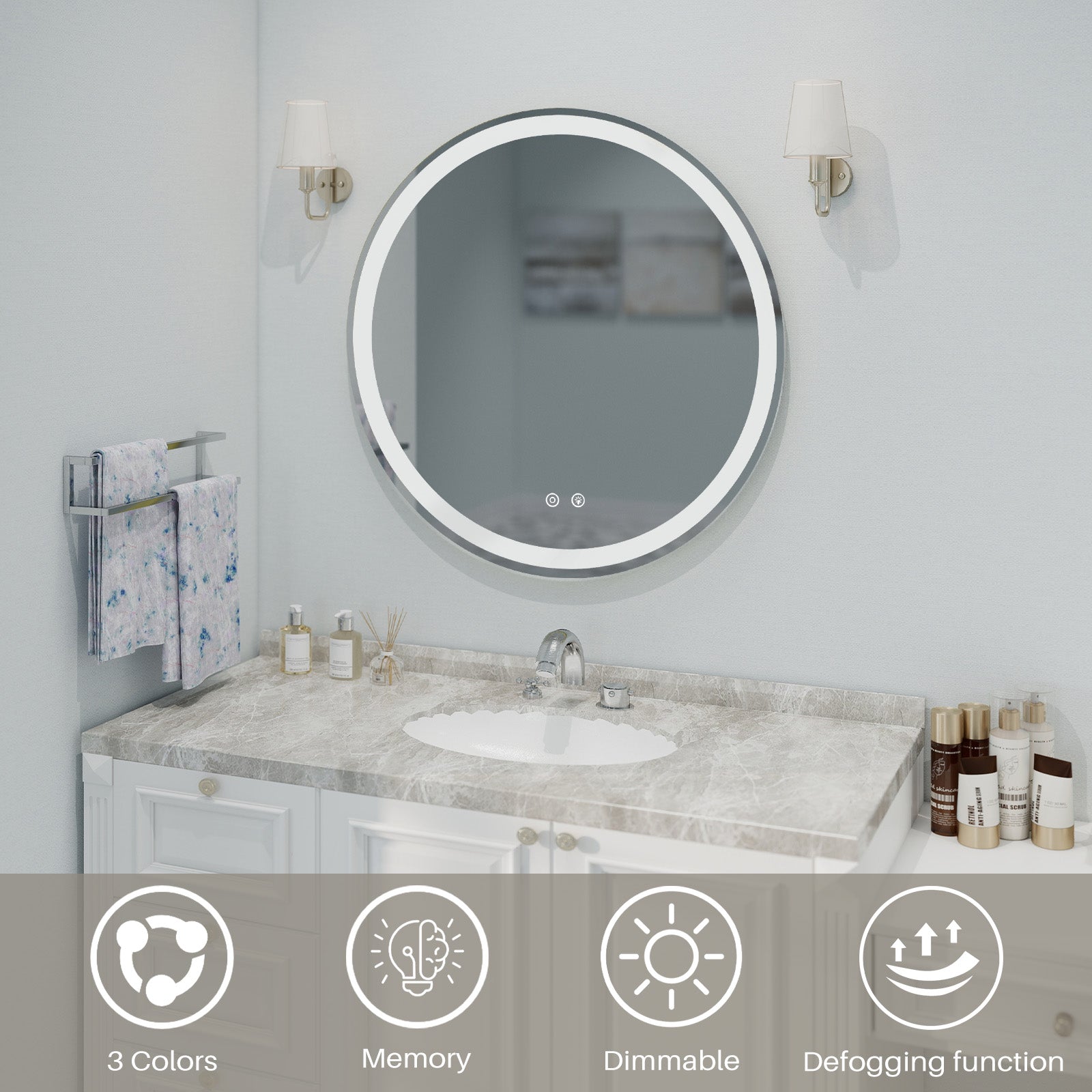 VANECL 23.6in Round LED Bathroom Mirror with Dual Front & Back Lights, Anti-Fog 3 Color Temperature Dimmable Vanity Mirror with Memory Function