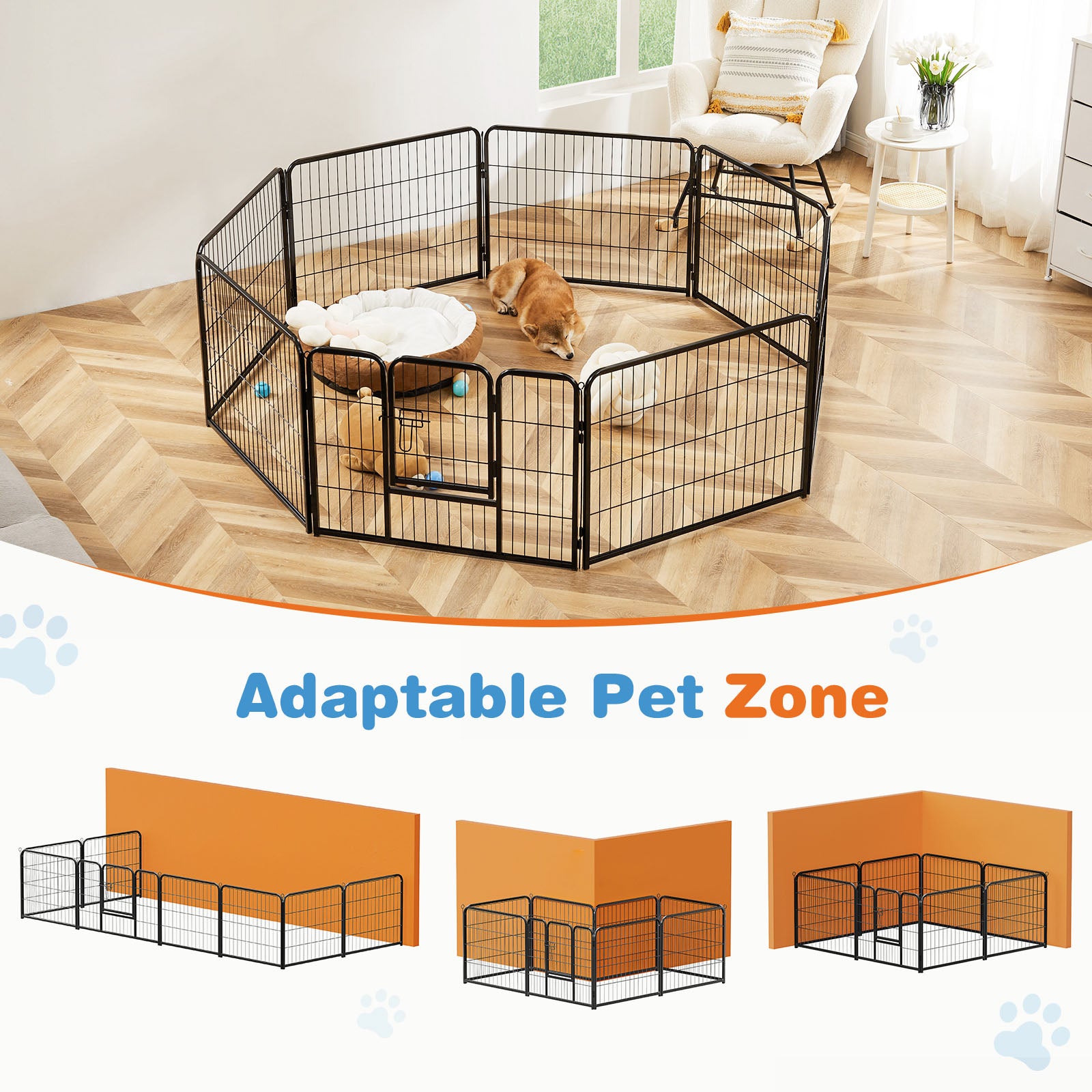 VANECL 8-Panel Metal Dog Playpen with Lockable Door, Foldable Height Options Pet Exercise Fence for Small/Medium/Large Dogs, Indoor & Outdoor Yard Garden Use