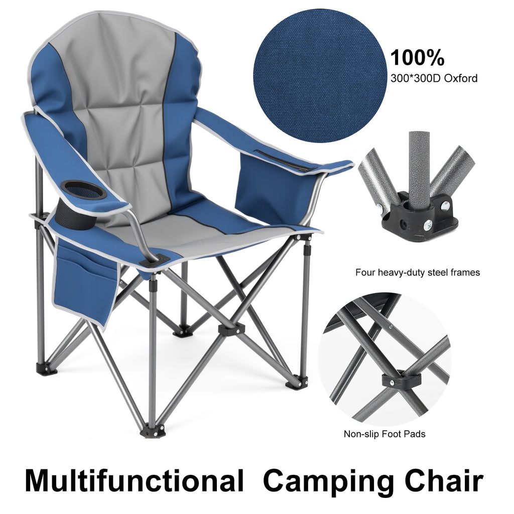 VANECL Oversized Folding Camping Chair, Heavy Duty 500 LBS Steel Frame Padded Outdoor Chair with Cup Holder, Side Storage & Built-in Cooler Bag for Fishing Picnic Concert
