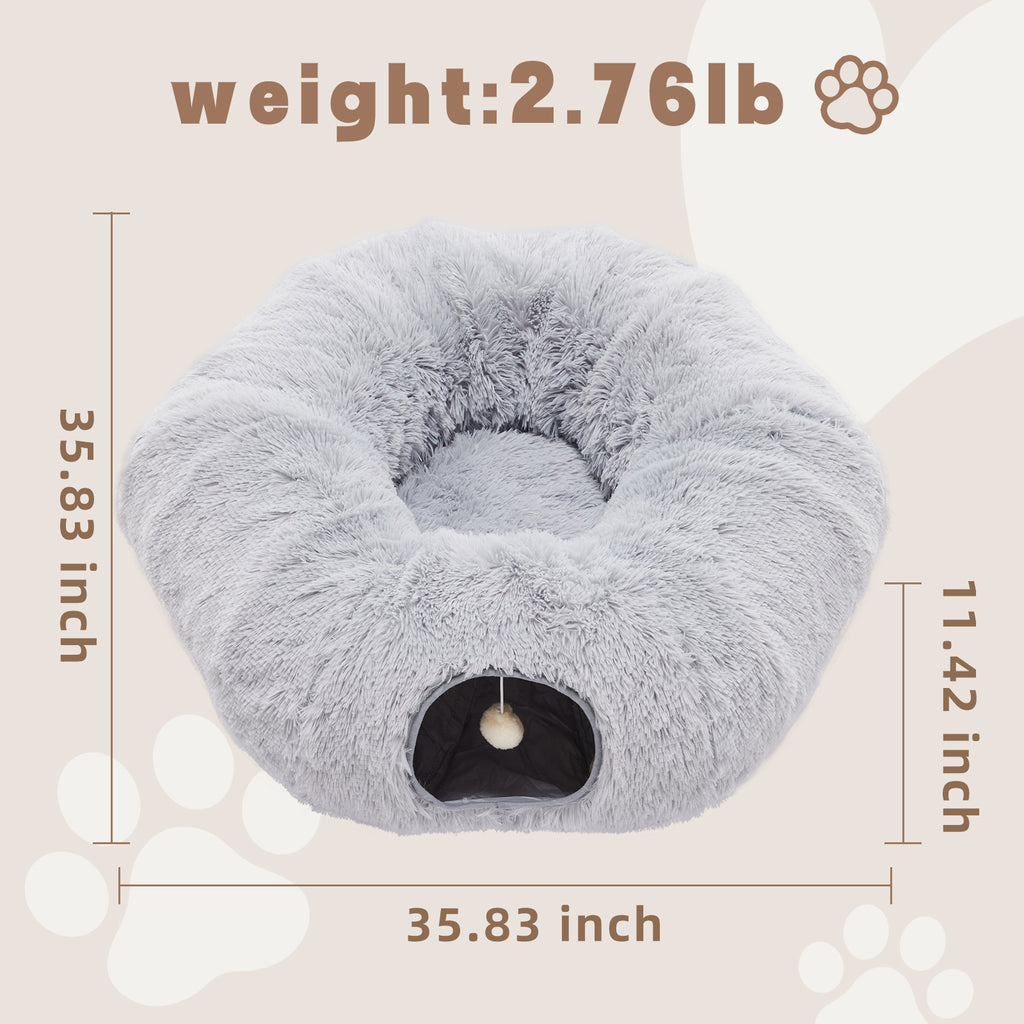 VANECL Donut Shaped Plush Cat Tunnel Bed, 2-In-1 PeekaB0o Cat Cave with Dual Entrances, Washable Round Play Tunnel for Indoor Cats, Kittens & Small Rabbits