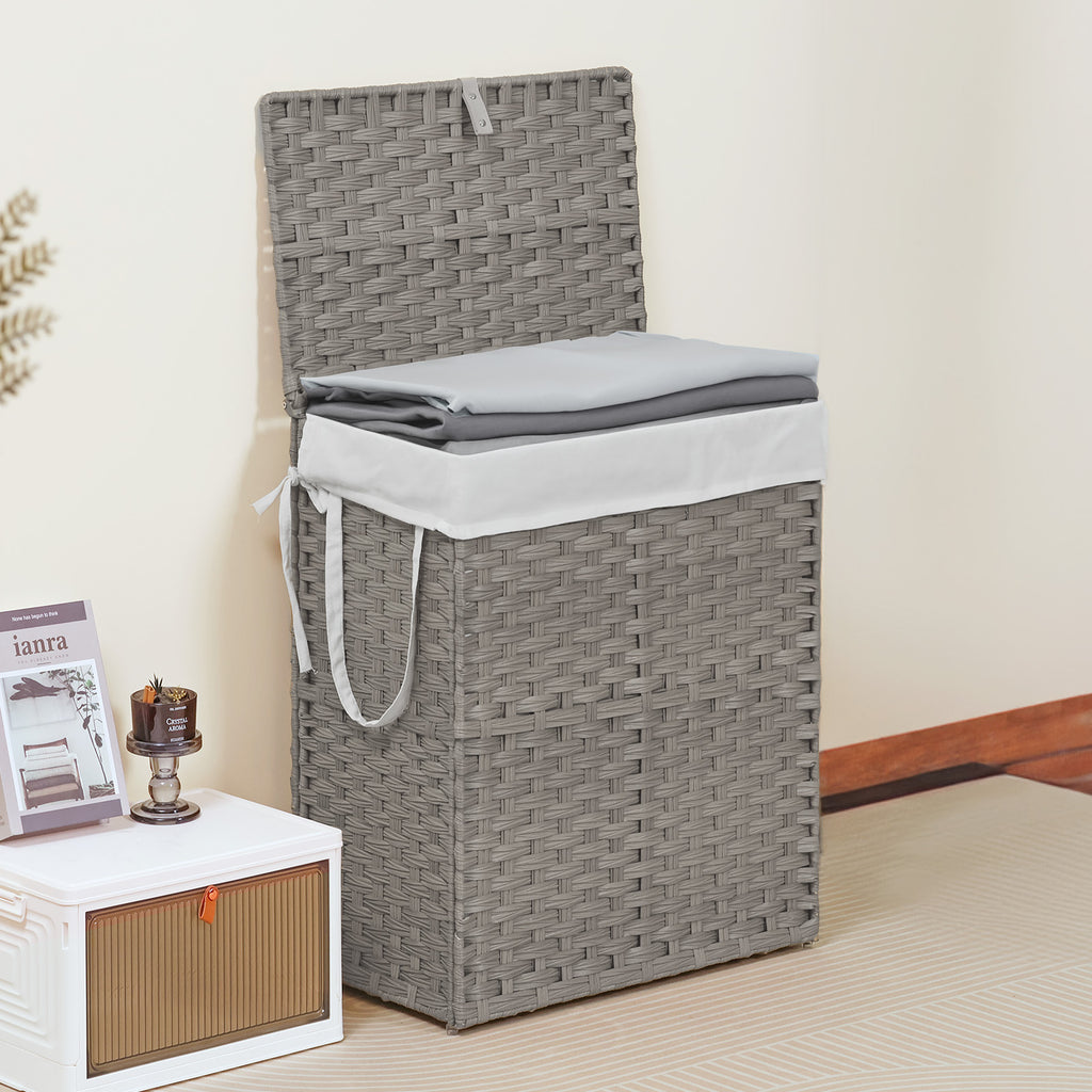 VANECL 90L Hand-Woven PP Rattan Laundry Hamper with Lid, Foldable Clothes Basket with Washable Liner & Carry Handles