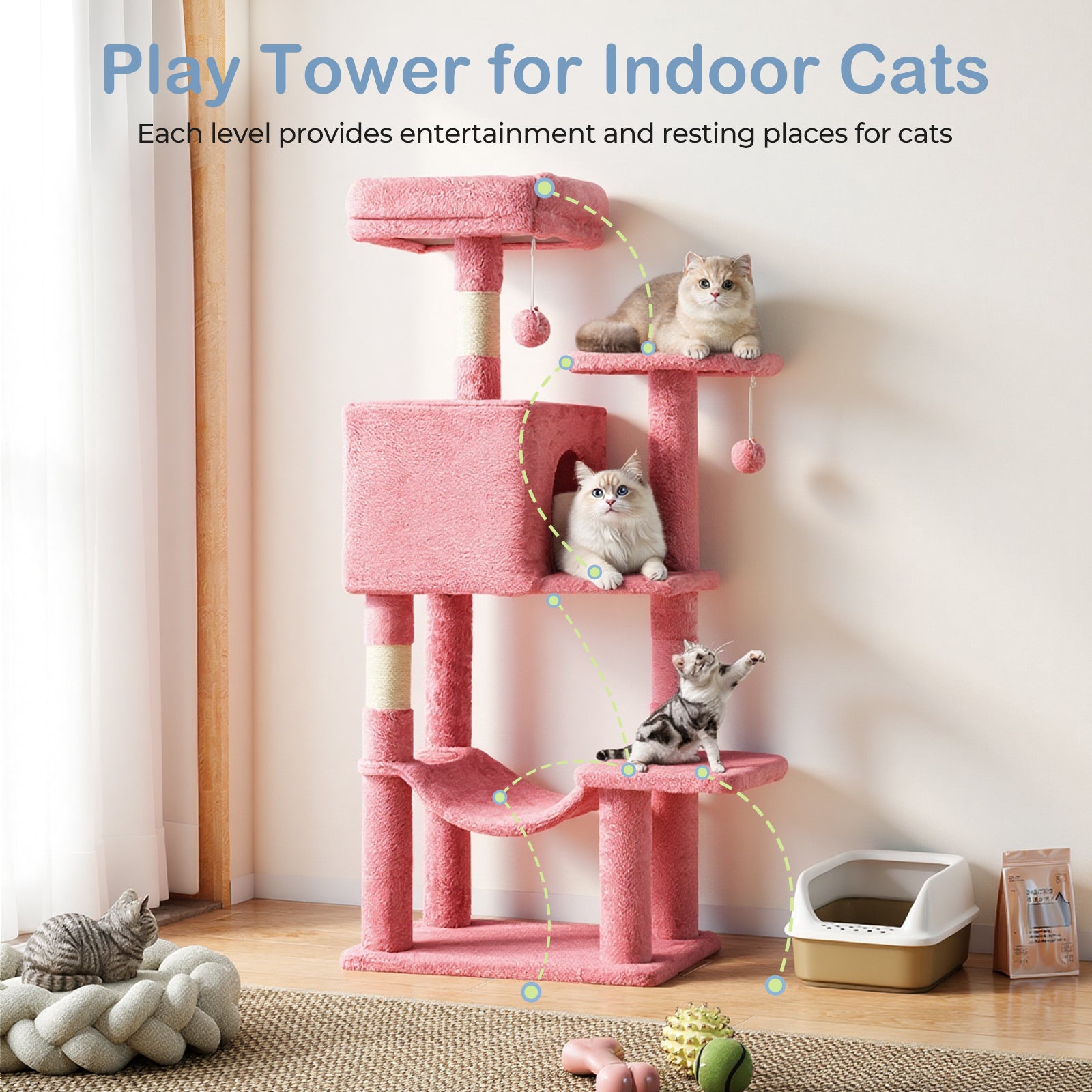 VANECL 44 Inch Multi-Level Cat Tree Tower, Sisal Scratching Posts with Hammock Extended Platform & Cat Condo for Multiple Indoor Cats