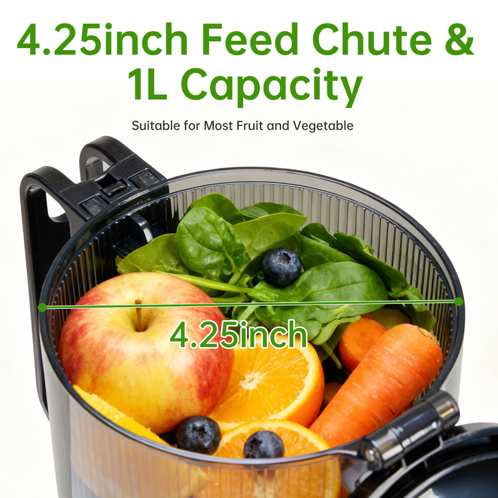 VANECL Slow Masticating Cold Press Juicer, 4.25in Wide Chute Whole Fruit Vegetable Juicer, Easy Clean Reverse Anti-Clog Cold Press Juice Extractor
