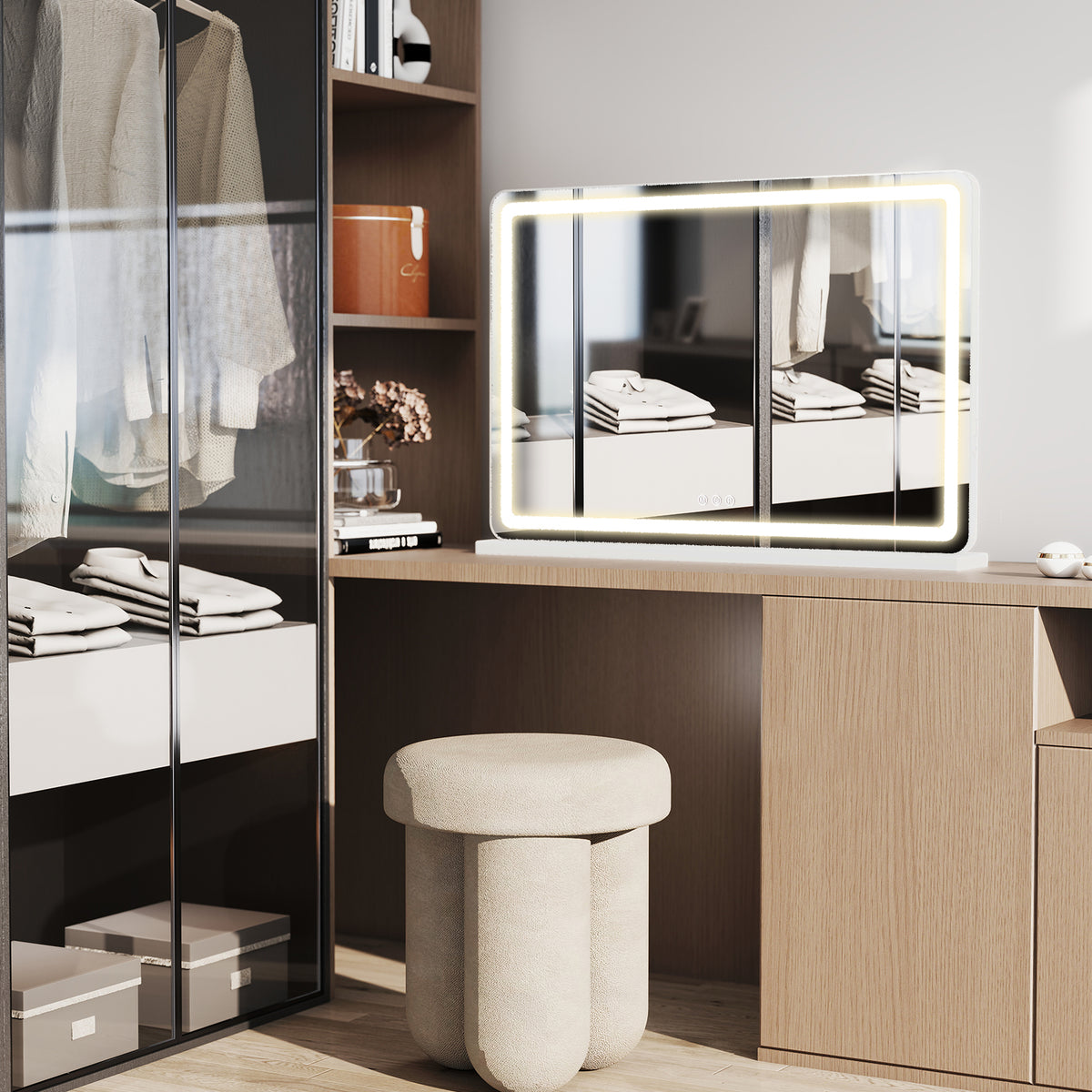 VANECL Square LED Vanity Makeup Mirror, Touch Control 3 Color Dimmable Lighted Desk Mirror with Memory & USB Charging Port