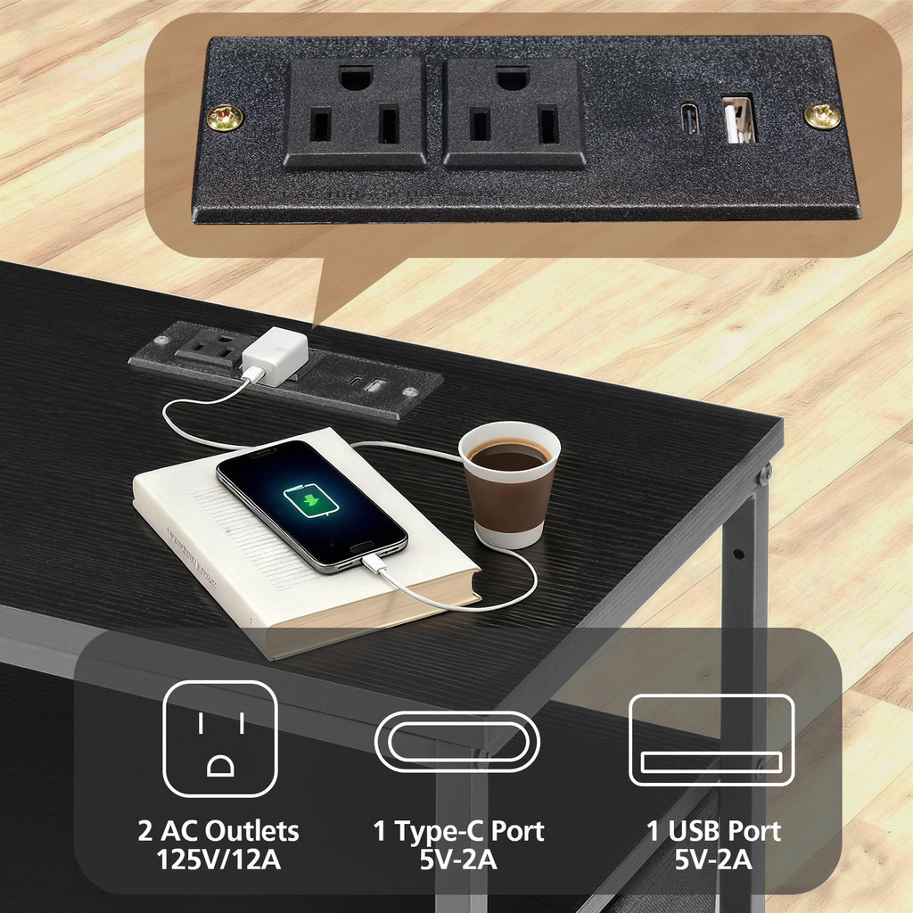 VANECL Nightstand with Charging Station & RGB LED Lights, Bedside End Table with 5 Fabric Drawers, USB Type-C Power Outlet for Bedroom