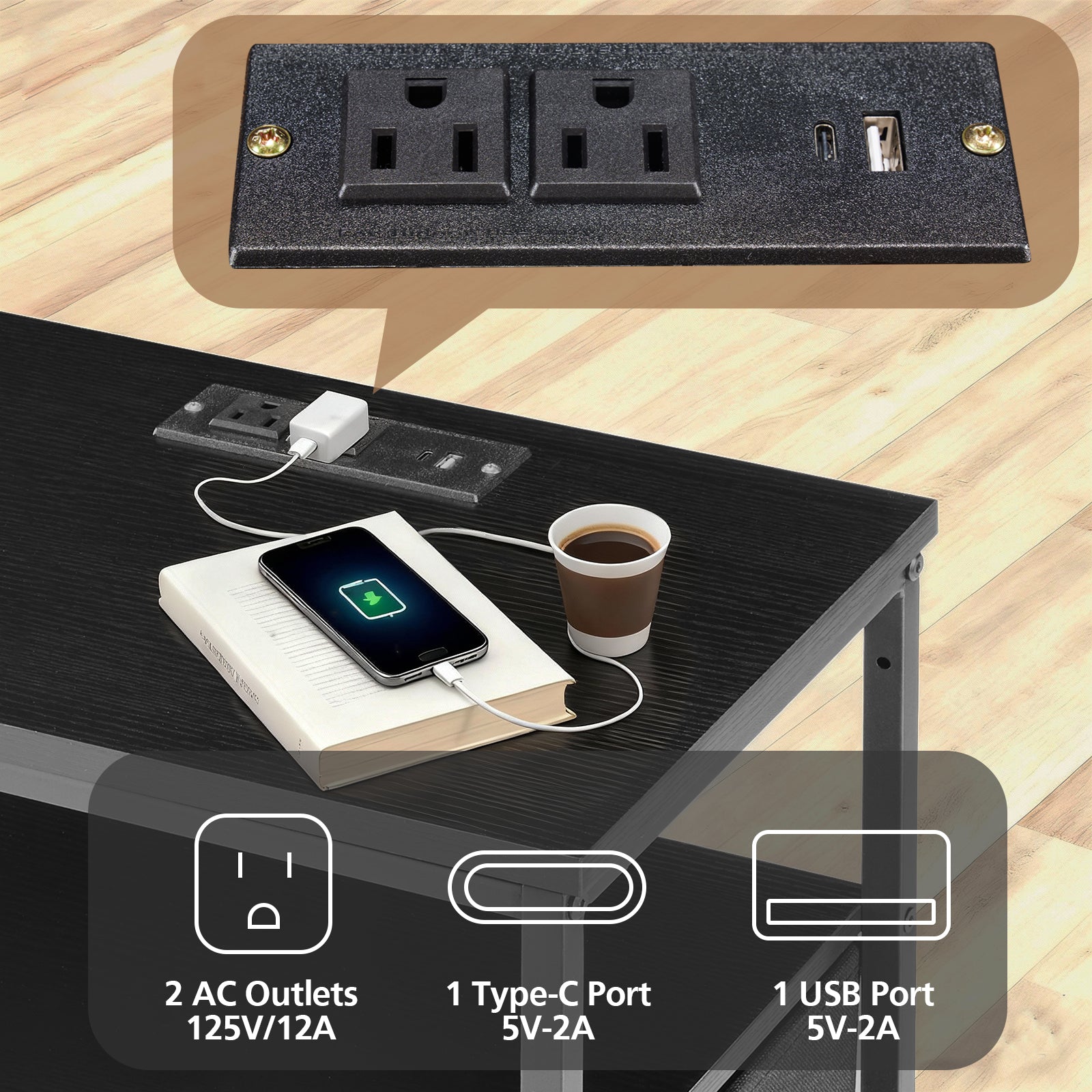 VANECL Nightstand with Charging Station & RGB LED Lights, Bedside End Table with 5 Fabric Drawers, USB Type-C Power Outlet for Bedroom