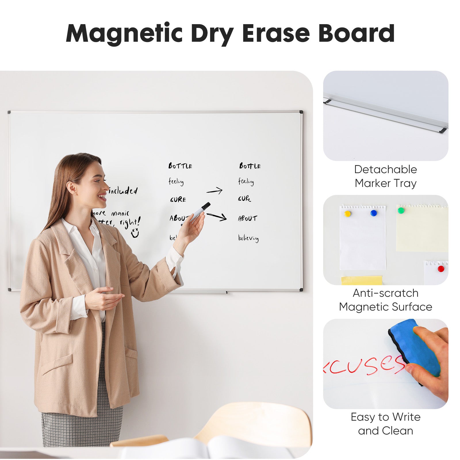 VANECL 36×24 Inch Magnetic Dry Erase WhiteB0ard, Silver Aluminum Framed Marker B0ard with Full Accessories for Office School Home