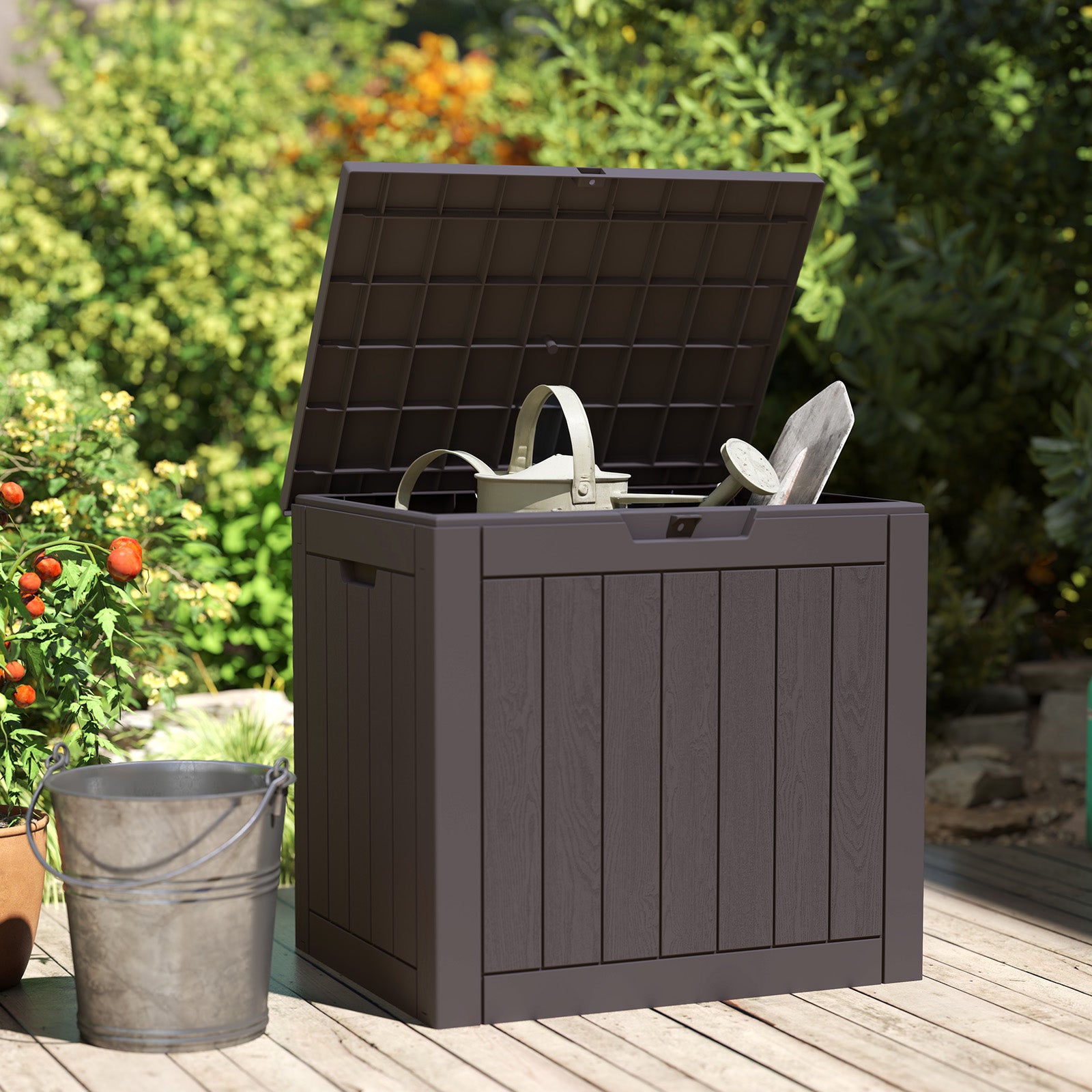VANECL 31 Gallon Resin Deck Storage B0x, Weatherproof Lockable Outdoor Container for Patio Tools Cushions Package Delivery, Supports 170Lbs as Bench Side Table