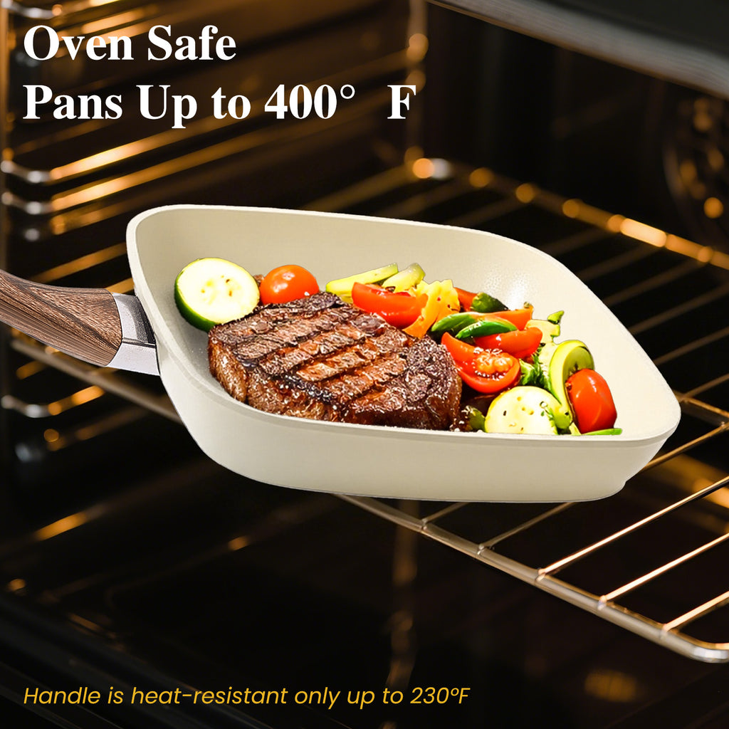 VANECL 3-Piece Square Nonstick Grill Pan Set 9.5/10/11 Inch, PFOA Free Skillet with Detachable Cool Touch Handle, Compatible with Induction Gas All Stovetops
