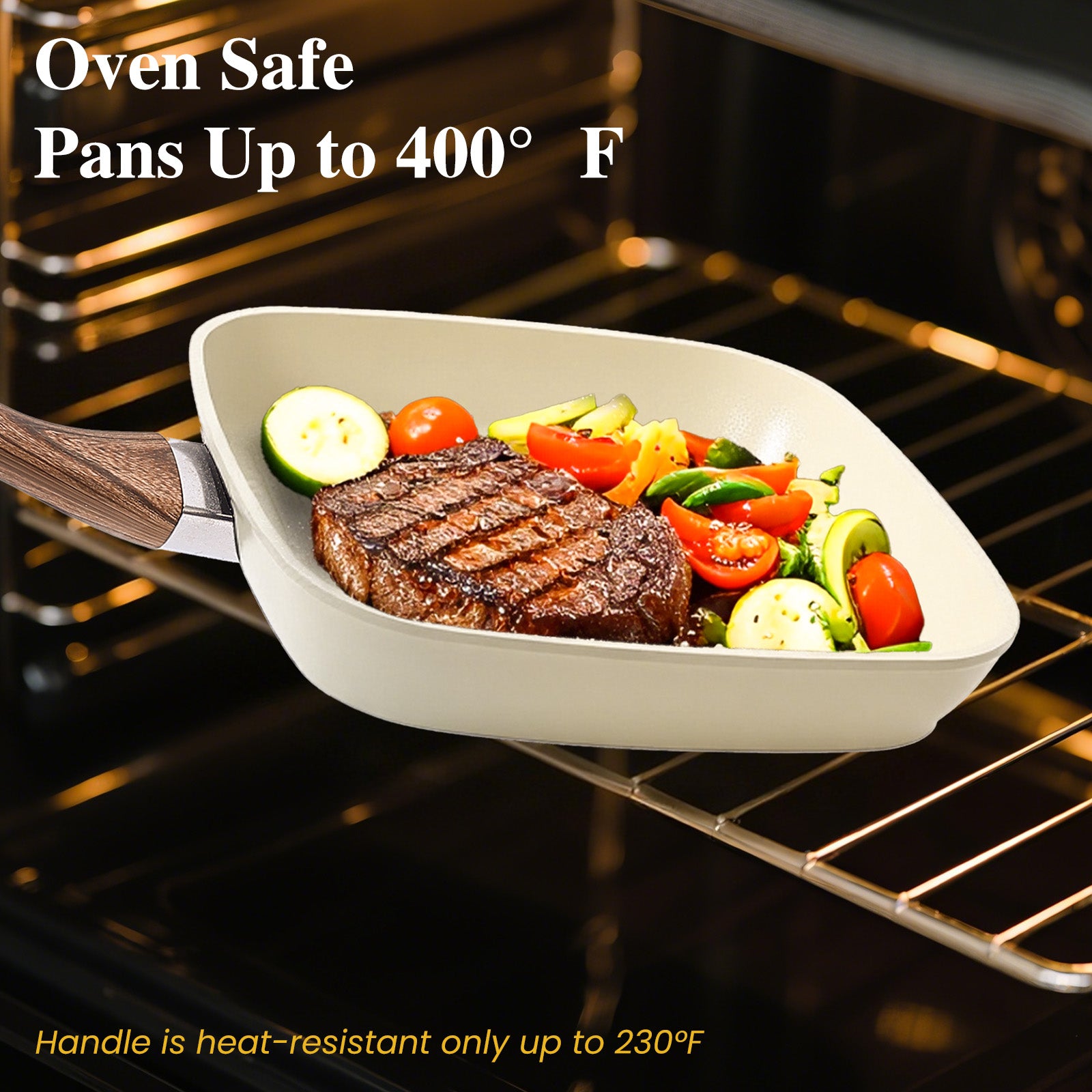 VANECL 3-Piece Square Nonstick Grill Pan Set 9.5/10/11 Inch, PFOA Free Skillet with Detachable Cool Touch Handle, Compatible with Induction Gas All Stovetops