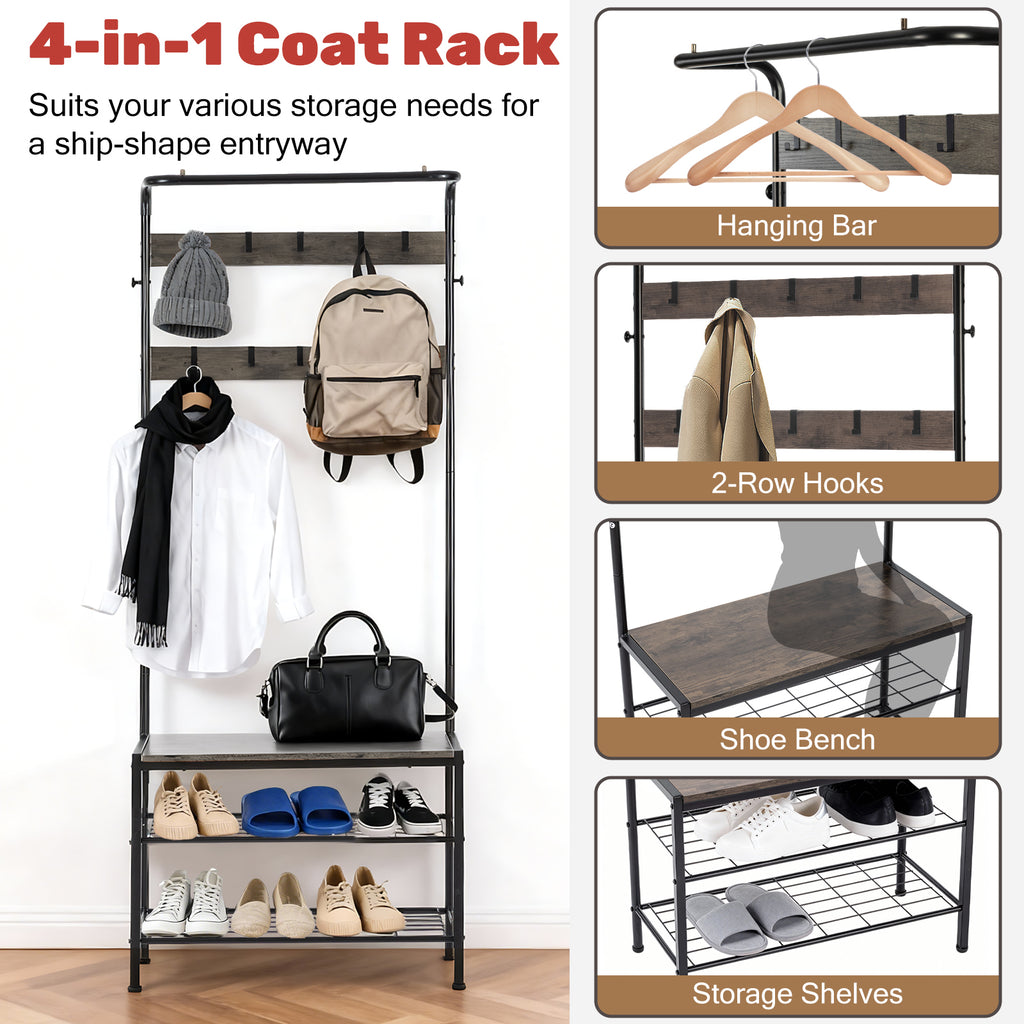 VANECL 4-in-1 Entryway Coat & Shoe Rack with Padded Seat, Metal Frame Hallway Storage Organizer for Entrance Closet