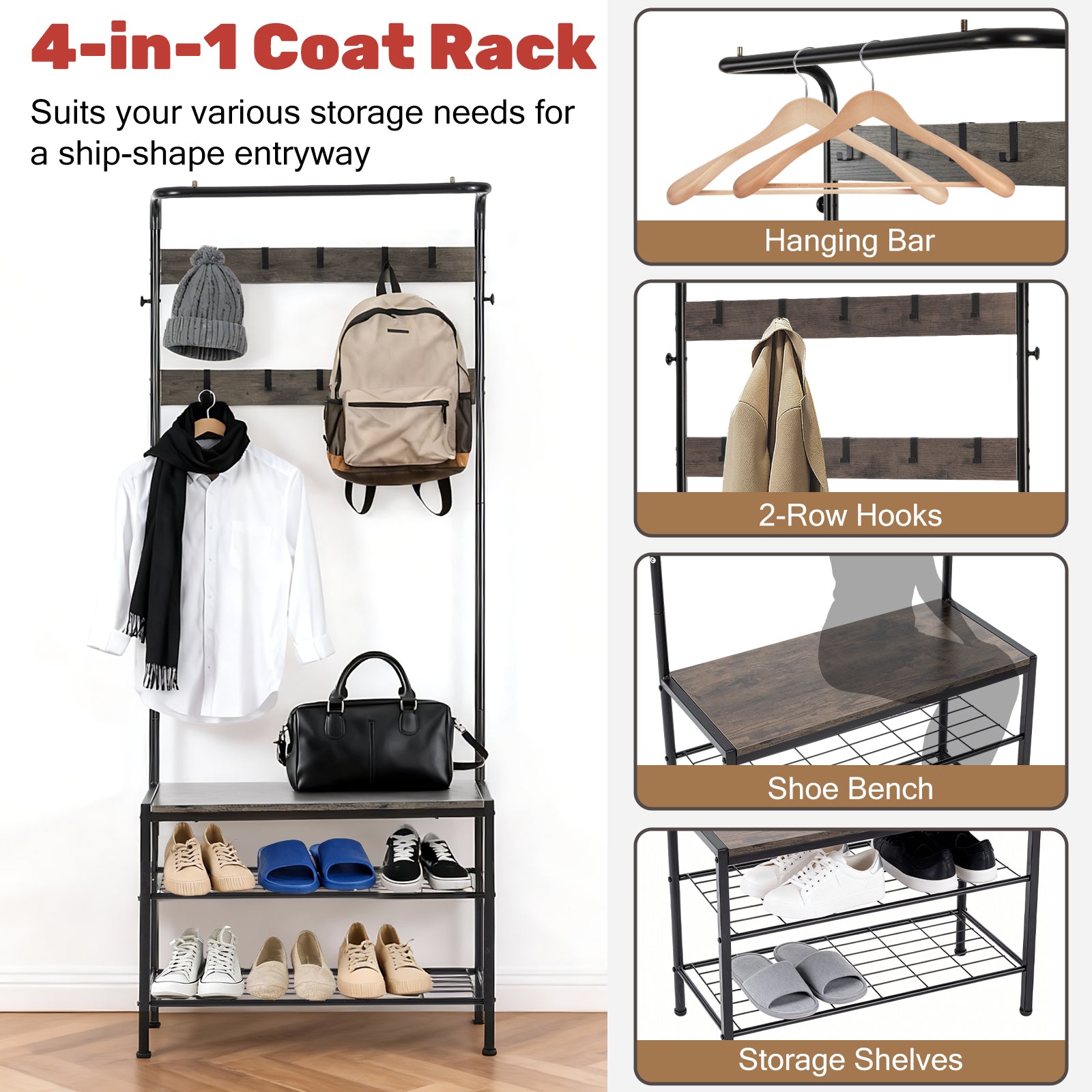VANECL 4-in-1 Entryway Coat & Shoe Rack with Padded Seat, Metal Frame Hallway Storage Organizer for Entrance Closet