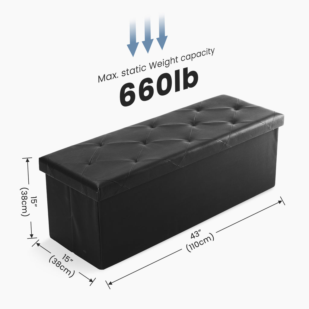 VANECL 43 Inch Foldable Storage Ottoman Bench, Thick Padded Faux Leather Storage Chest Foot Stool with Inner Divider for Entryway Living Room