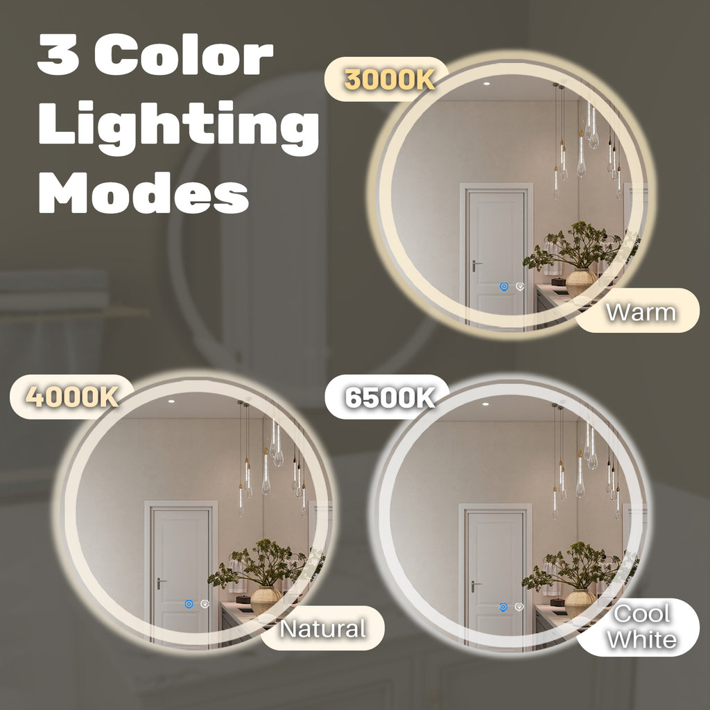 VANECL 23.6in Round LED Bathroom Mirror with Dual Front & Back Lights, Anti-Fog 3 Color Temperature Dimmable Vanity Mirror with Memory Function
