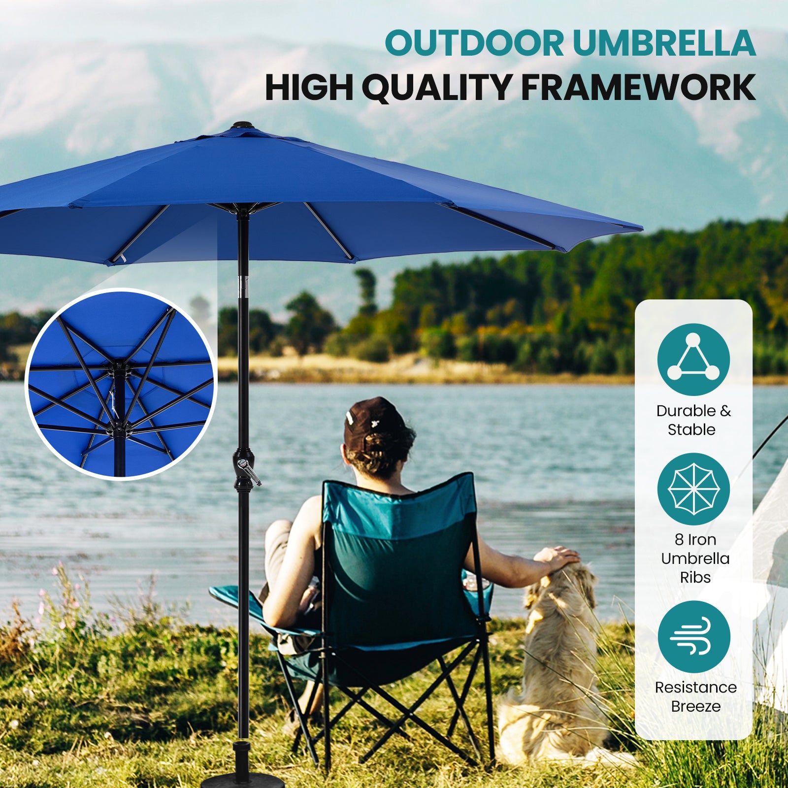 VANECL 9ft Outdoor Market Patio Umbrella with Crank & Push Button Tilt, 8 Aluminum Ribs Waterproof UV Protection Umbrella for Garden Backyard