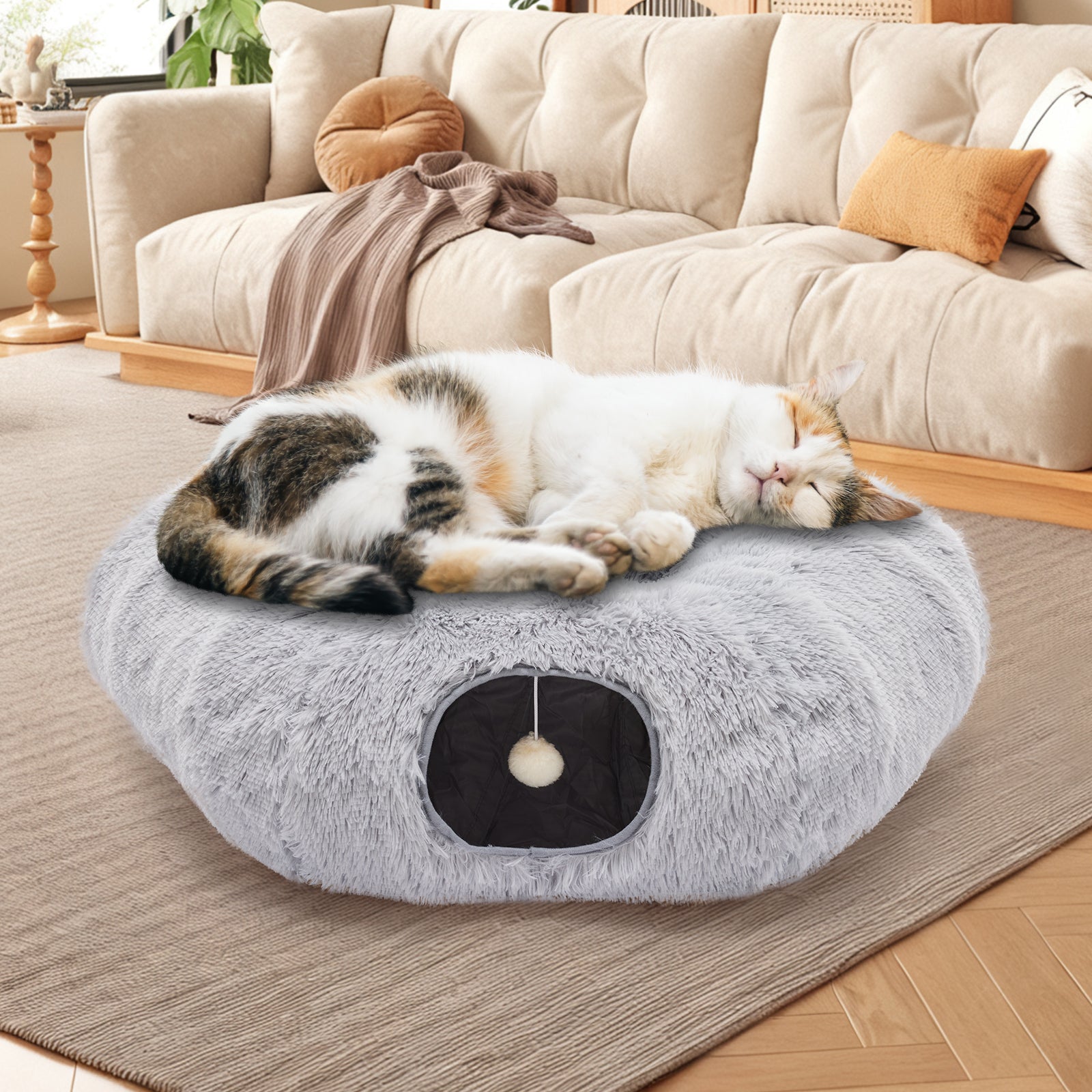 VANECL Donut Shaped Plush Cat Tunnel Bed, 2-In-1 PeekaB0o Cat Cave with Dual Entrances, Washable Round Play Tunnel for Indoor Cats, Kittens & Small Rabbits