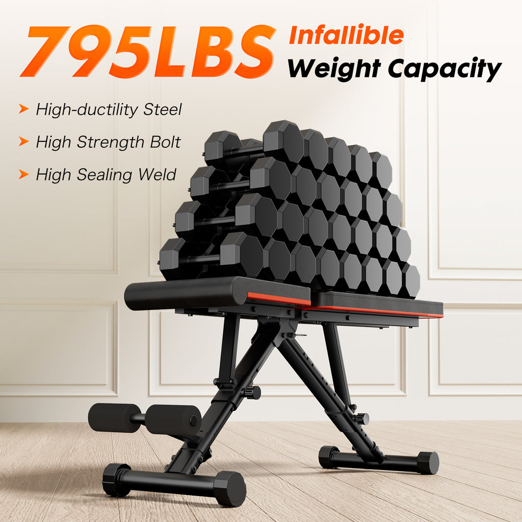 VANECL Adjustable Foldable Weight Bench 795 LBS Capacity, Multi-Position Incline Decline Flat Workout Bench Press for Full Body Strength Training Home Gym