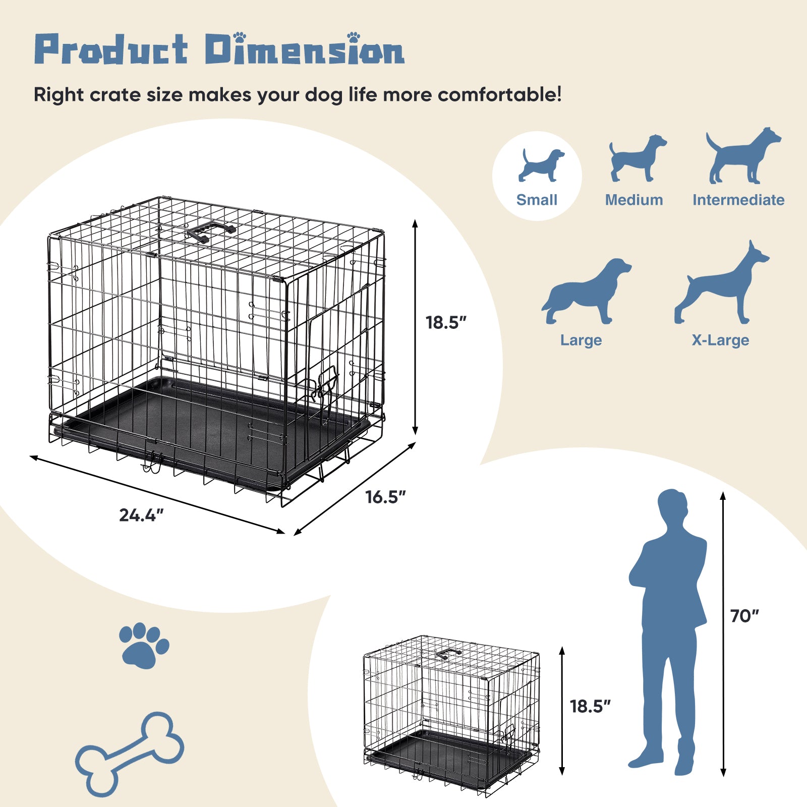 VANECL 24 Inch Single Door Metal Dog Crate, Collapsible Pet Kennel with Secure Lock & Removable Clean Tray for Small Medium Puppy