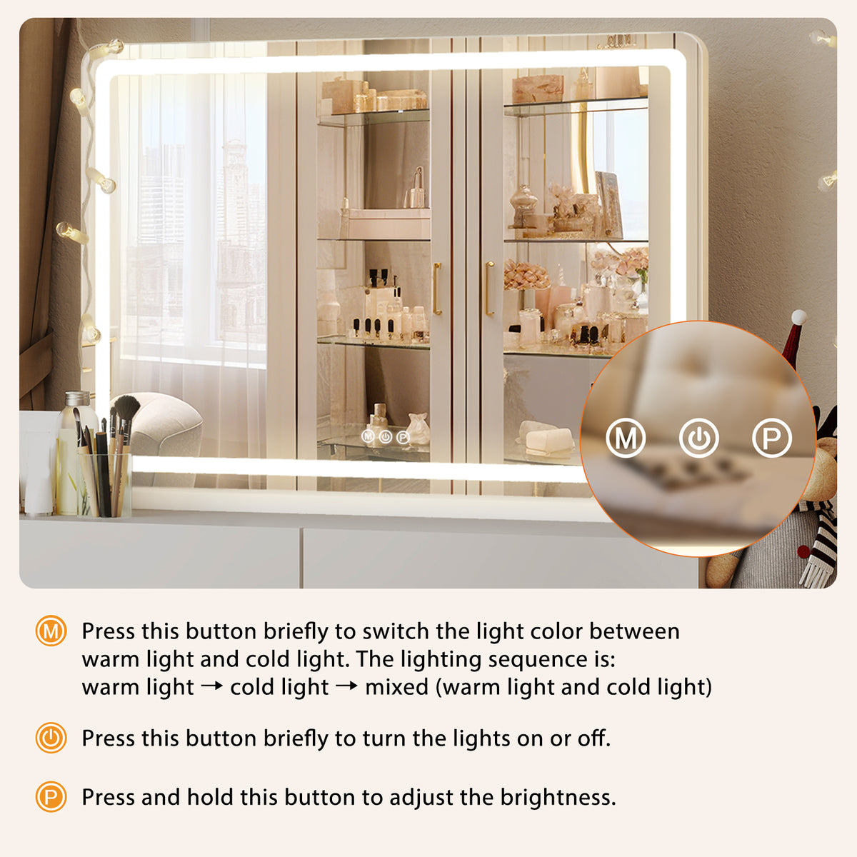 VANECL Square LED Vanity Makeup Mirror, Touch Control 3 Color Dimmable Lighted Desk Mirror with Memory & USB Charging Port