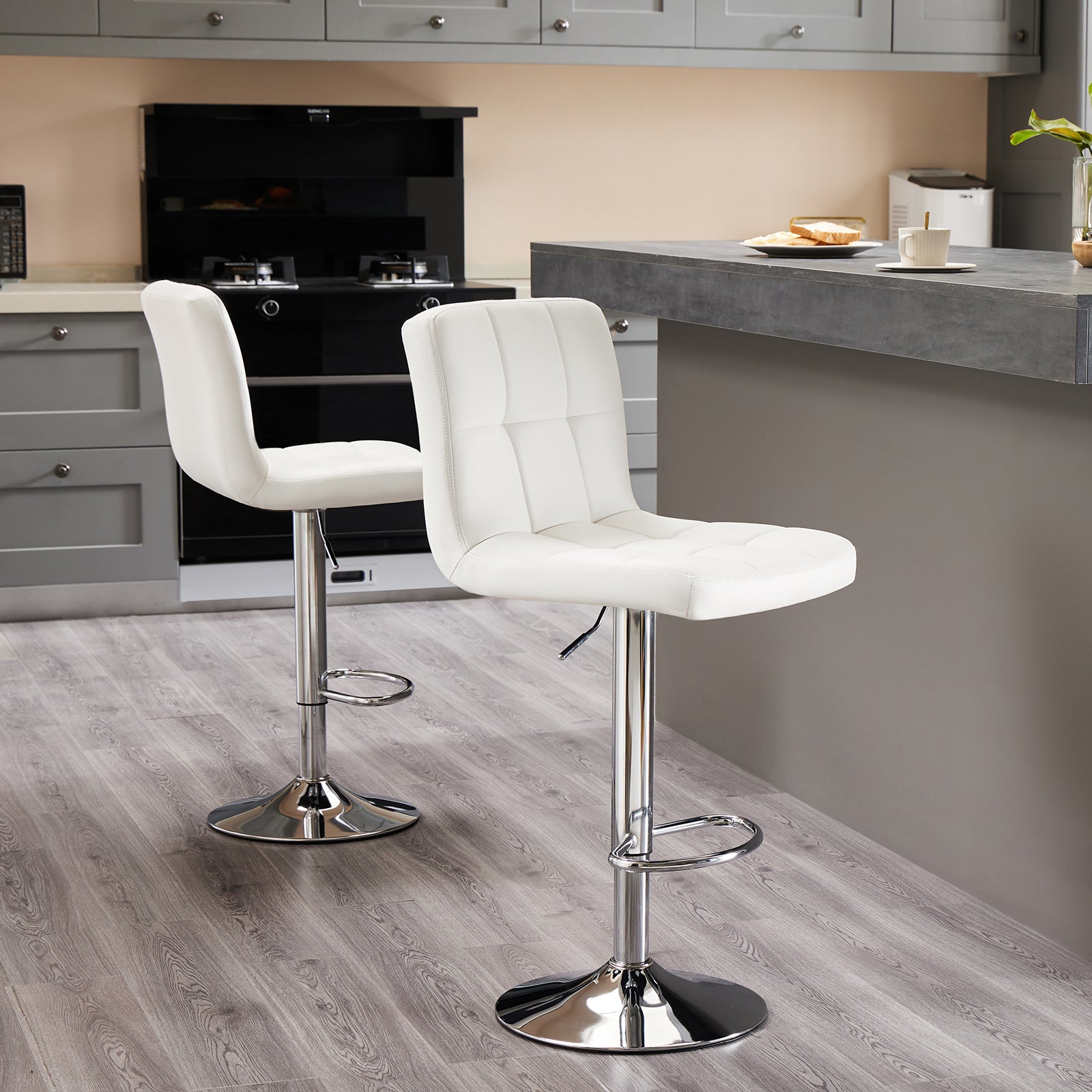 VANECL Set of 2 Counter Height Bar Stools, Adjustable Swivel PU Leather Barstools with Backrest & Square Cushion for Kitchen Island Home Bar