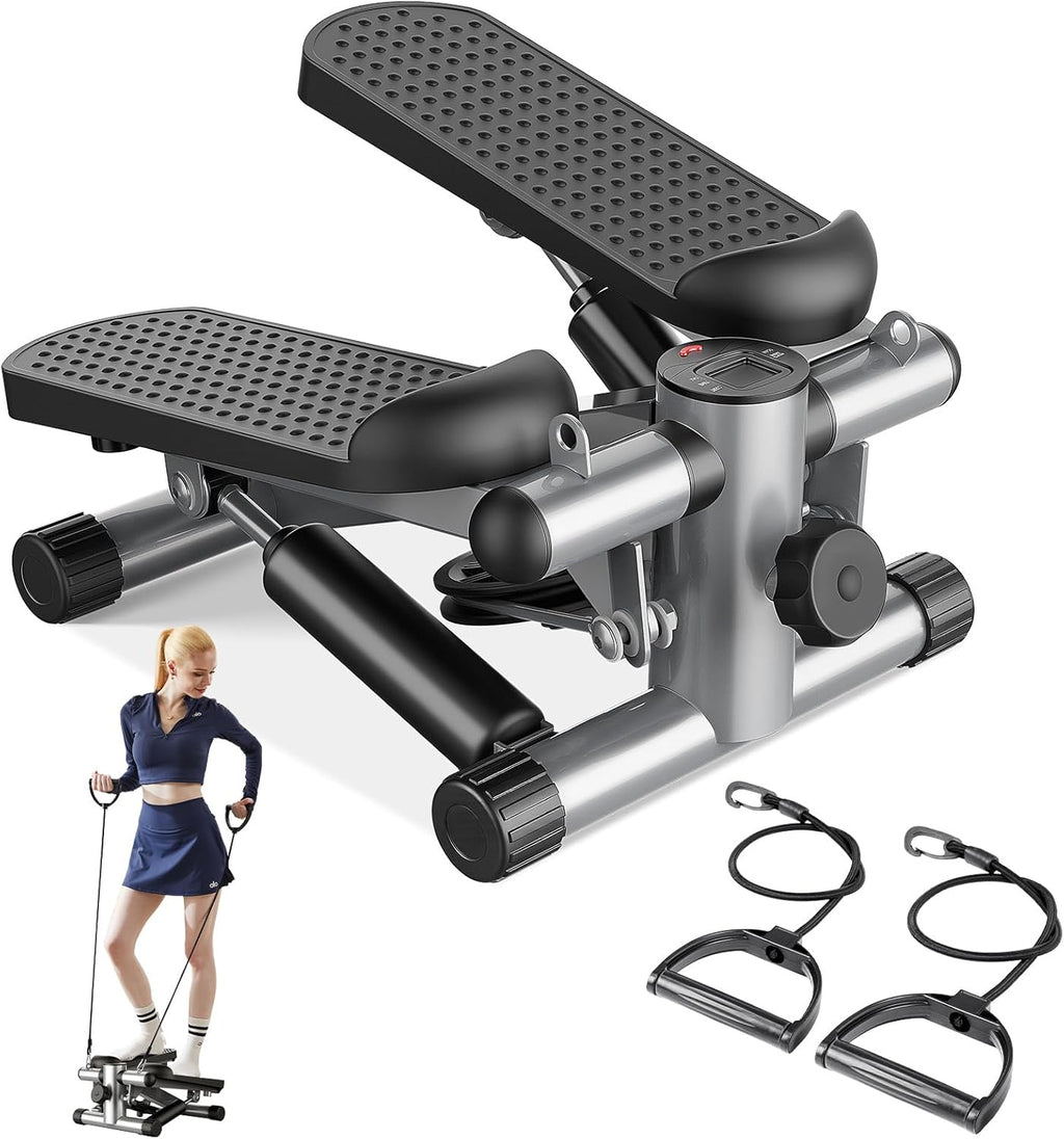 VANECL Mini Twist Stepper Machine with Resistance Bands, Adjustable Height Hydraulic Step Trainer with LCD Monitor for Full-B0dy Home Fitness