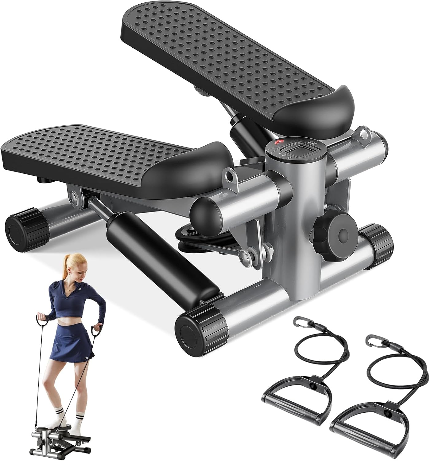 VANECL Mini Twist Stepper Machine with Resistance Bands, Adjustable Height Hydraulic Step Trainer with LCD Monitor for Full-B0dy Home Fitness
