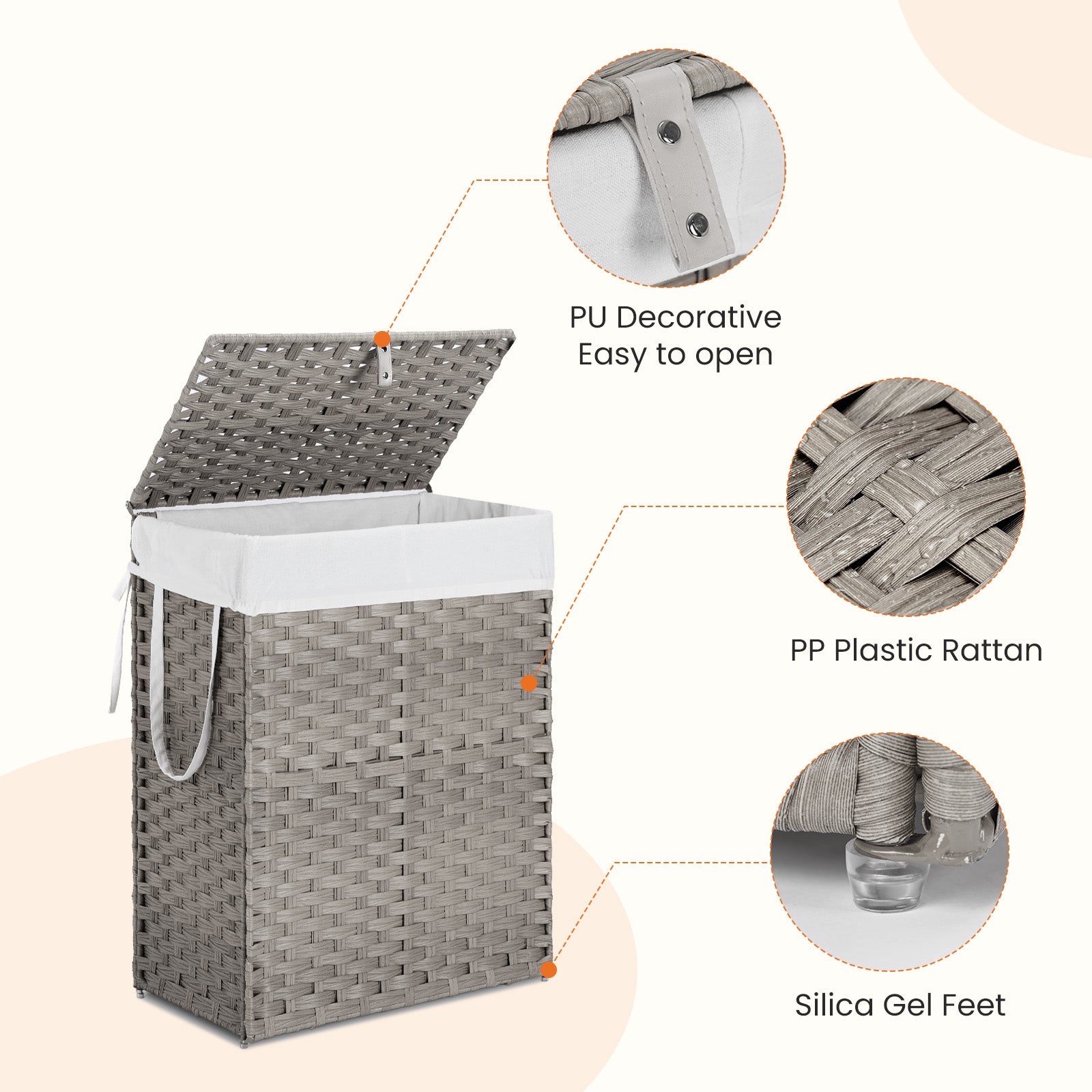 VANECL 90L Hand-Woven PP Rattan Laundry Hamper with Lid, Foldable Clothes Basket with Washable Liner & Carry Handles