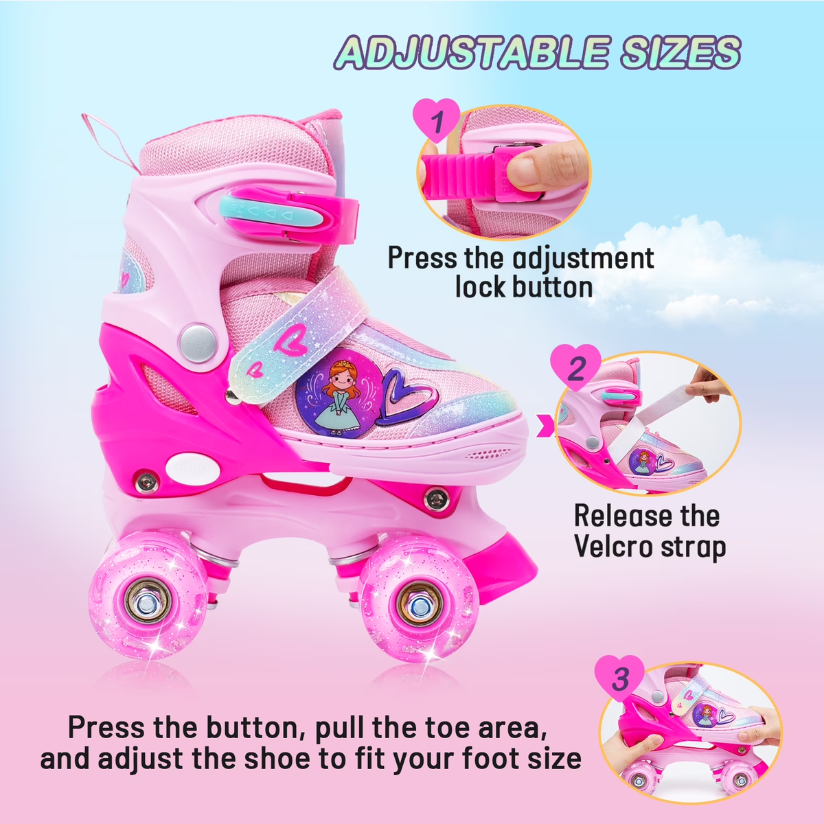 Bvivok Roller Skates for Girls, Size S (12C-1.5Y), Light-Up Wheels, 4 Adjustable Sizes, Beginner Friendly, Princess Pink