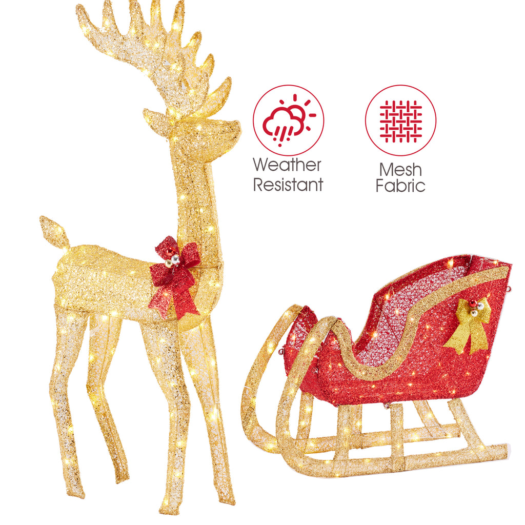VANECL Christmas Reindeer Pulling Cart Yard Decoration with 180 Warm LED Lights, Indoor & Outdoor Metal Frame Holiday Ornament