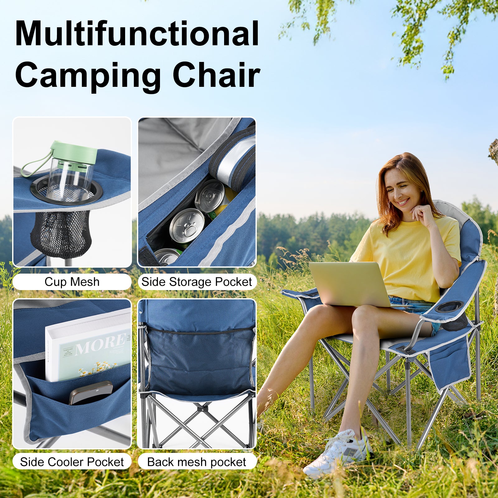 VANECL Oversized Folding Camping Chair, Heavy Duty 500 LBS Steel Frame Padded Outdoor Chair with Cup Holder, Side Storage & Built-in Cooler Bag for Fishing Picnic Concert
