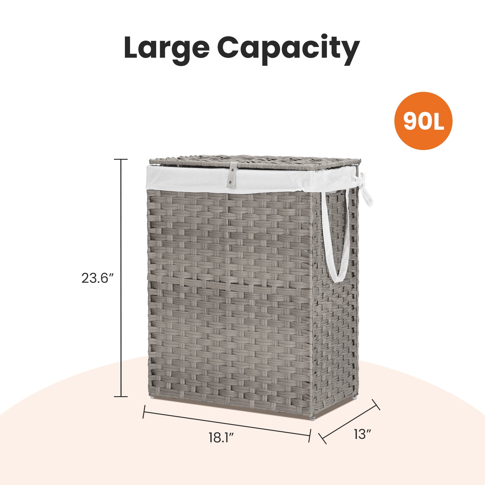 VANECL 90L Hand-Woven PP Rattan Laundry Hamper with Lid, Foldable Clothes Basket with Washable Liner & Carry Handles