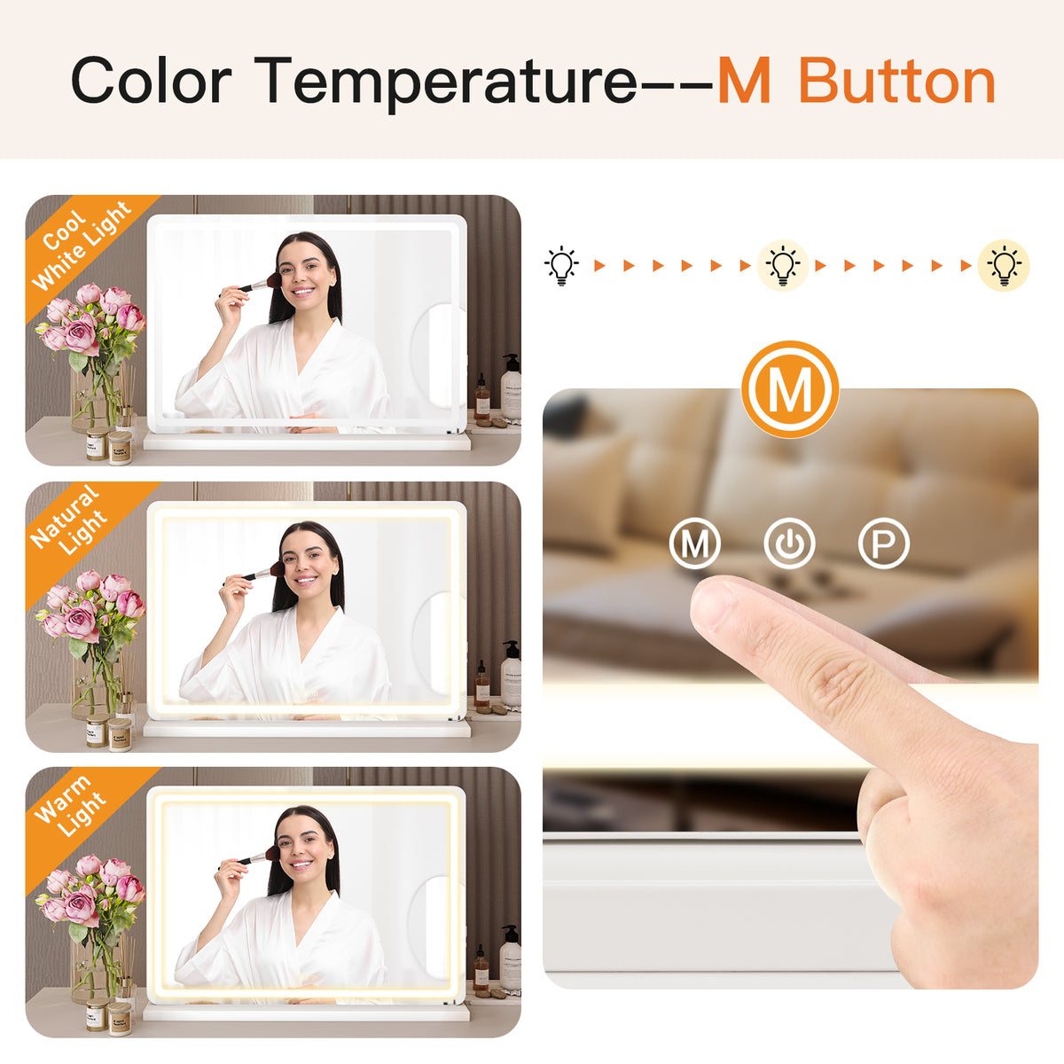VANECL Square LED Vanity Makeup Mirror, Touch Control 3 Color Dimmable Lighted Desk Mirror with Memory & USB Charging Port