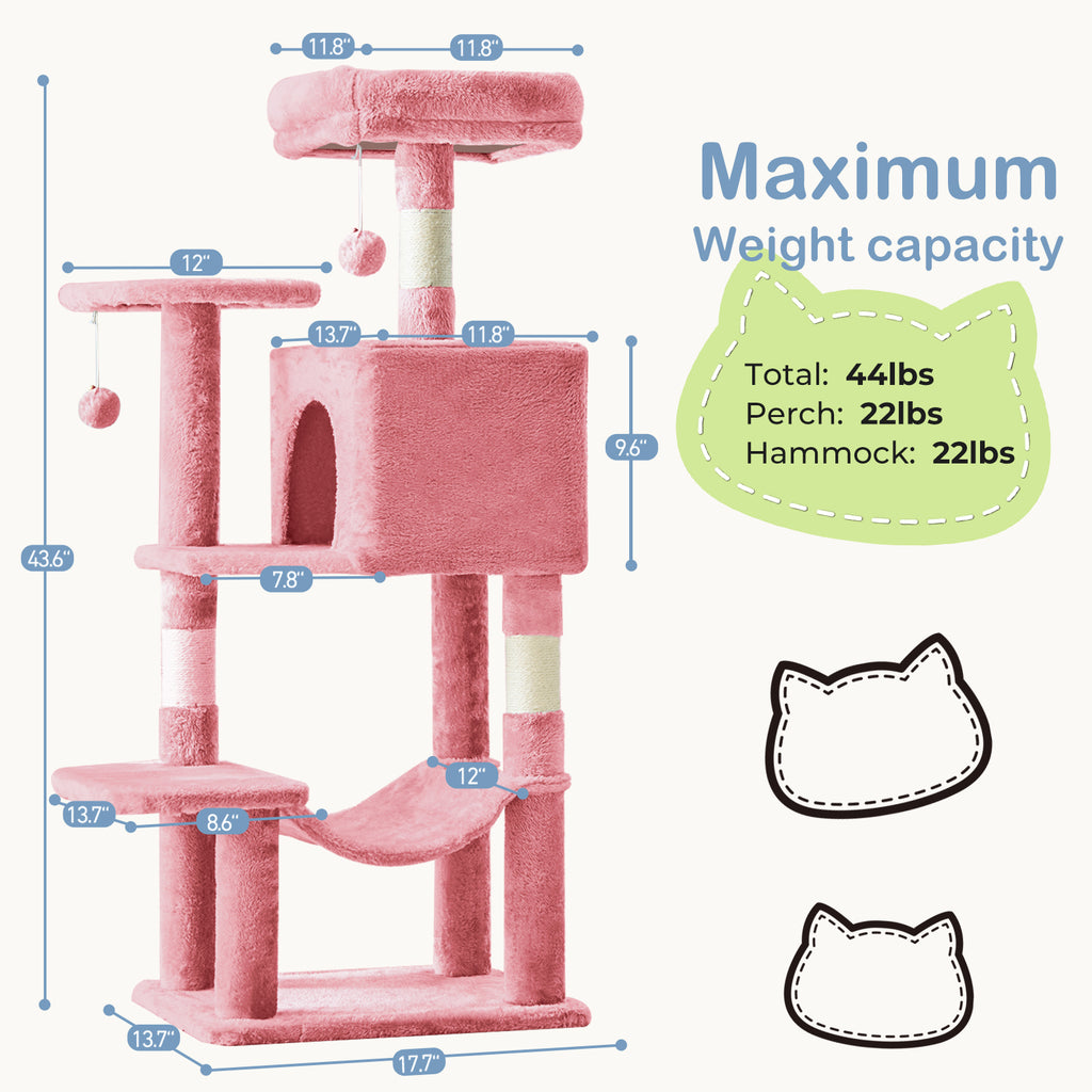 VANECL 44 Inch Multi-Level Cat Tree Tower, Sisal Scratching Posts with Hammock Extended Platform & Cat Condo for Multiple Indoor Cats
