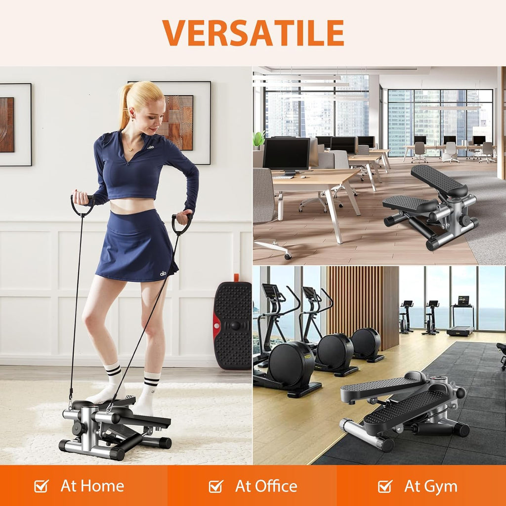 VANECL Mini Twist Stepper Machine with Resistance Bands, Adjustable Height Hydraulic Step Trainer with LCD Monitor for Full-B0dy Home Fitness
