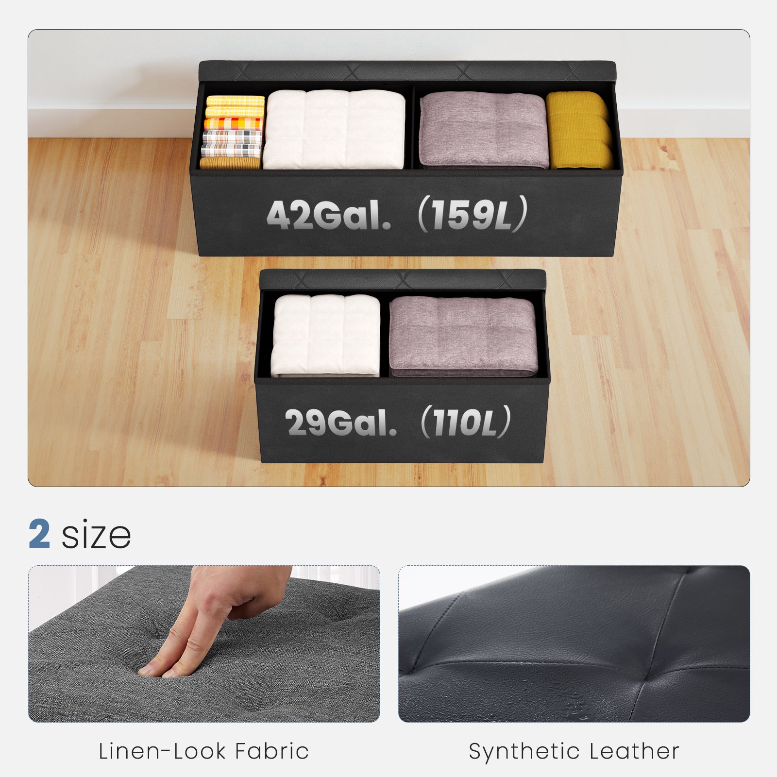 VANECL 43 Inch Foldable Storage Ottoman Bench, Thick Padded Faux Leather Storage Chest Foot Stool with Inner Divider for Entryway Living Room
