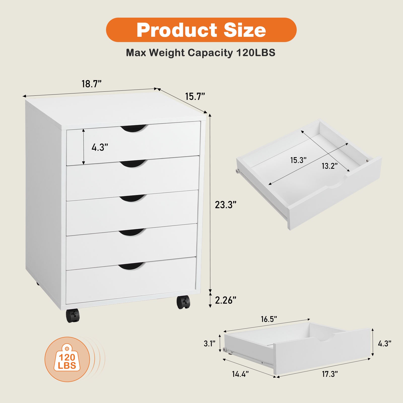 VANECL 5-Drawer Mobile Storage Dresser Cabinet with Lockable Casters, Rolling Organizer Chest for Bedroom Office Home
