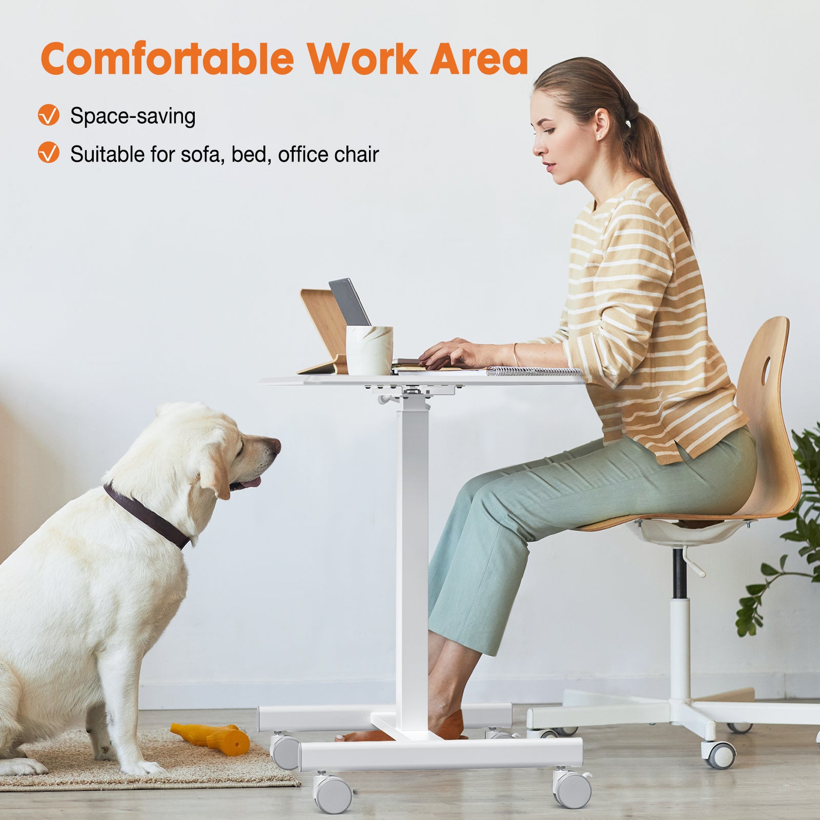 VANECL Height Adjustable Mobile Rolling Laptop Desk with Gas Spring, Wheeled Overbed Computer Cart for Home Office Classroom