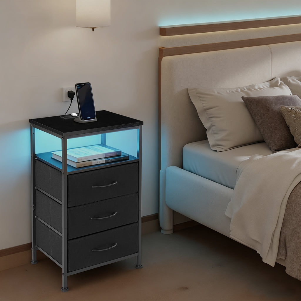 VANECL Nightstand with Charging Station & RGB LED Lights, Bedside End Table with 5 Fabric Drawers, USB Type-C Power Outlet for Bedroom