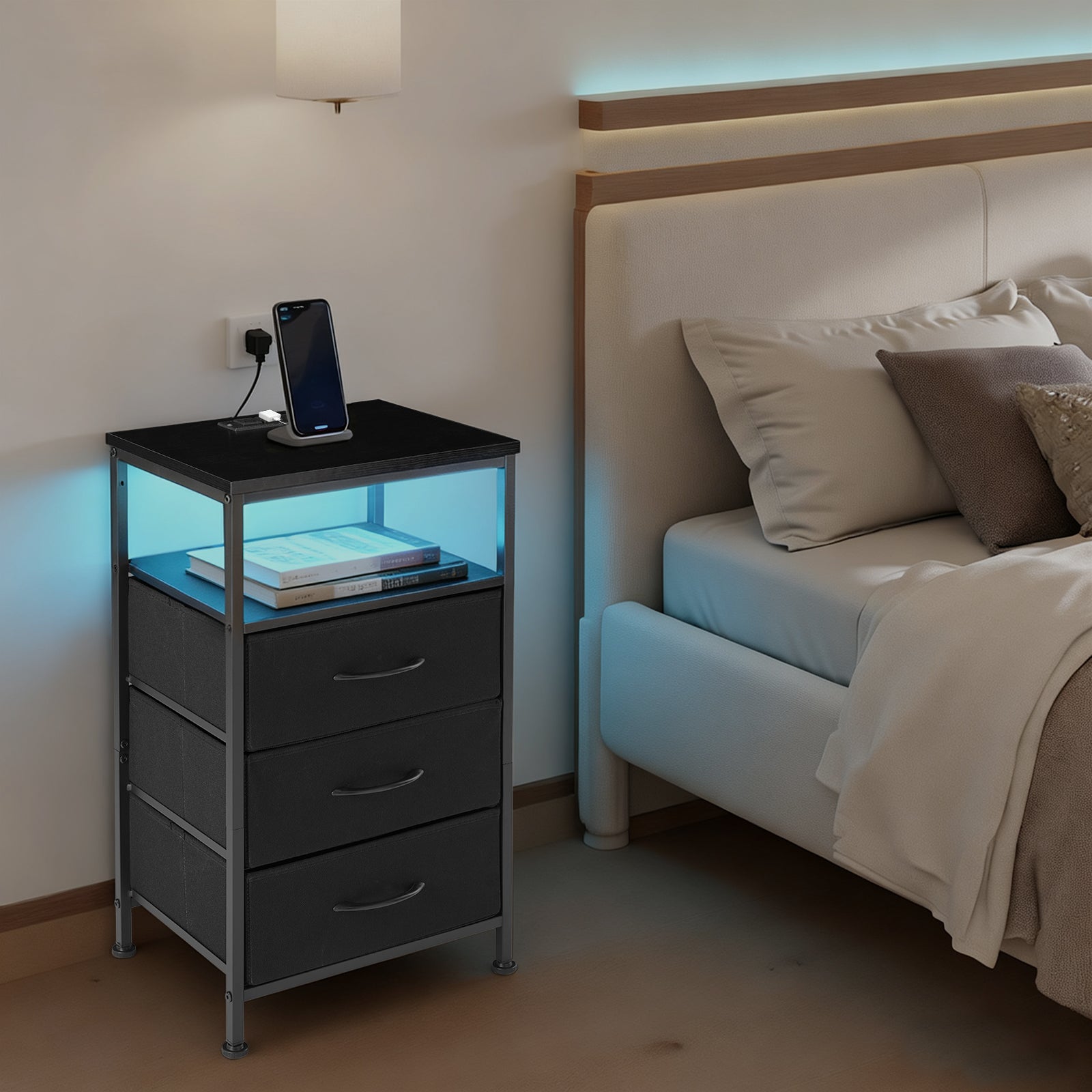 VANECL Nightstand with Charging Station & RGB LED Lights, Bedside End Table with 5 Fabric Drawers, USB Type-C Power Outlet for Bedroom