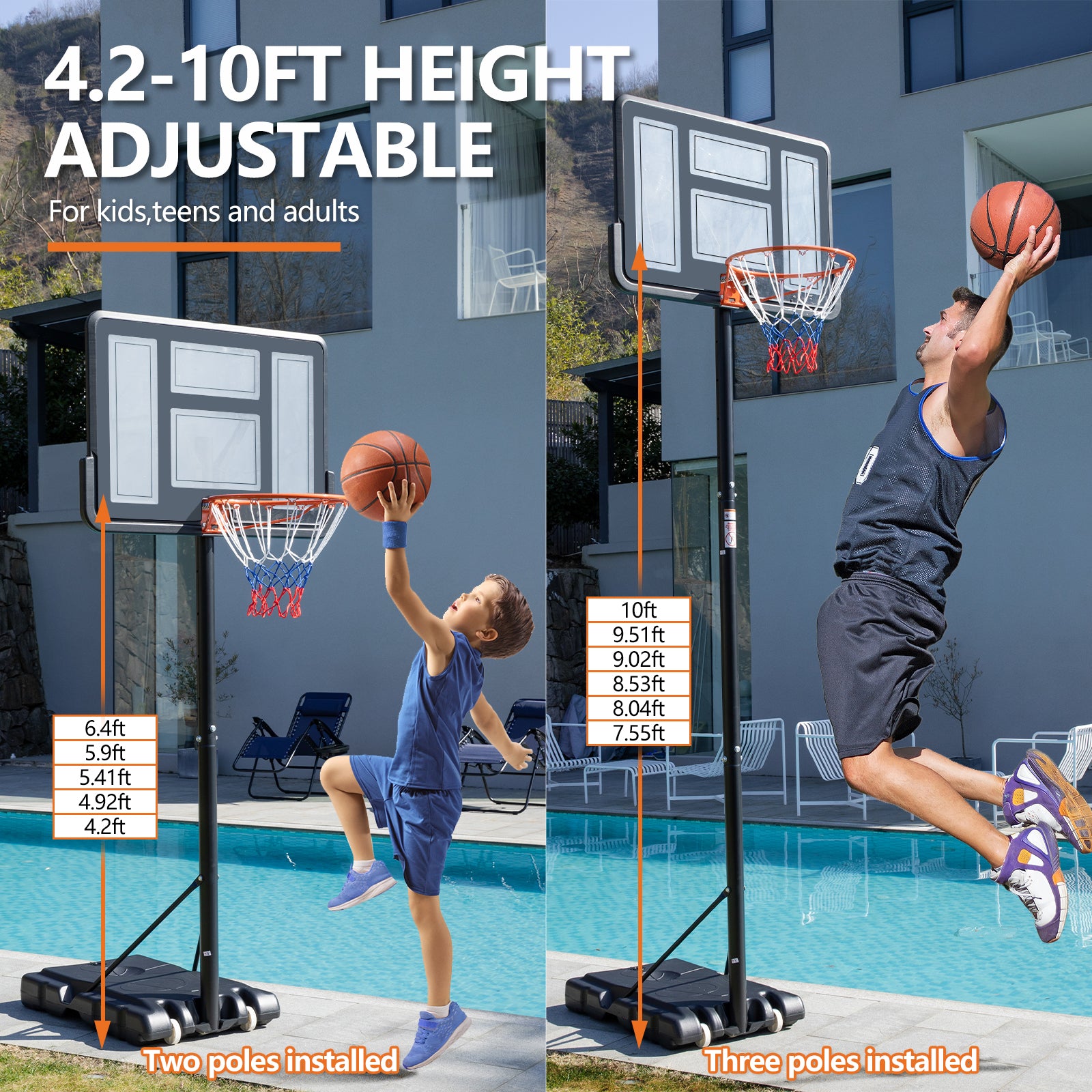 VANECL Portable Basketball Hoop System, 4.2-10FT Height Adjustable Basketball Goal with 44 Inch Shatterproof Backboard for Kids & Adults Outdoor Indoor Playing