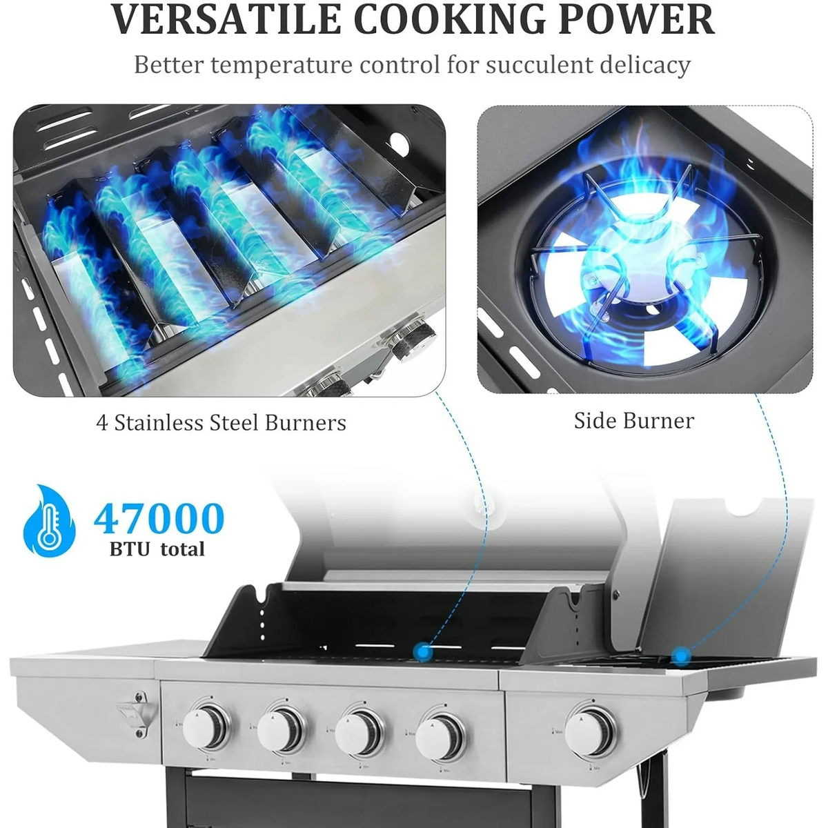 Aminy 4 Burner BBQ Propane Gas Grill with Side Burner, Outdoor Stainless Steel 46790 BTU Patio Garden BBQ Grill with Lid, Wheels for Camping, Outdoor Cooking