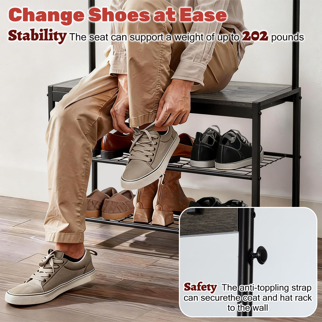VANECL 4-in-1 Entryway Coat & Shoe Rack with Padded Seat, Metal Frame Hallway Storage Organizer for Entrance Closet