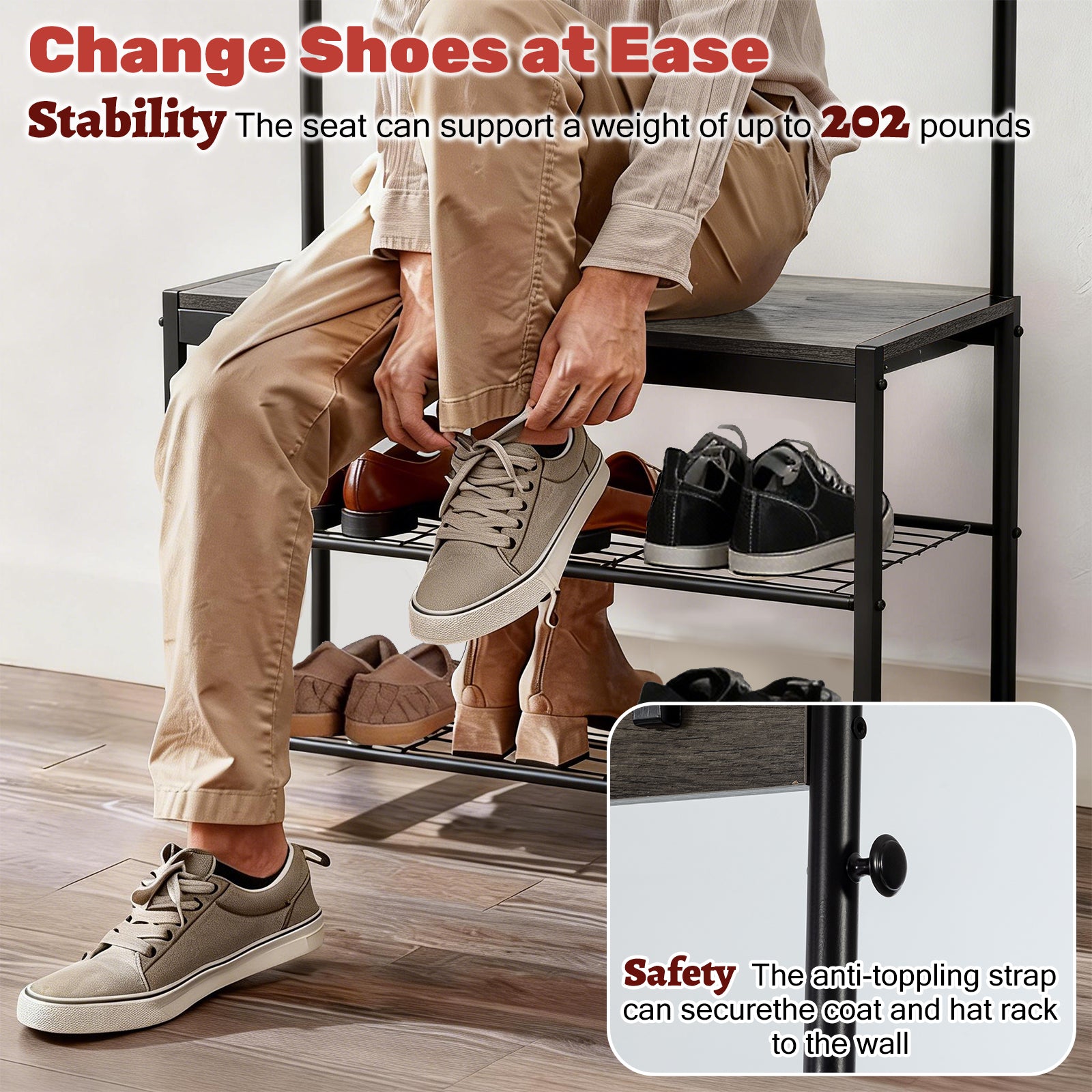 VANECL 4-in-1 Entryway Coat & Shoe Rack with Padded Seat, Metal Frame Hallway Storage Organizer for Entrance Closet