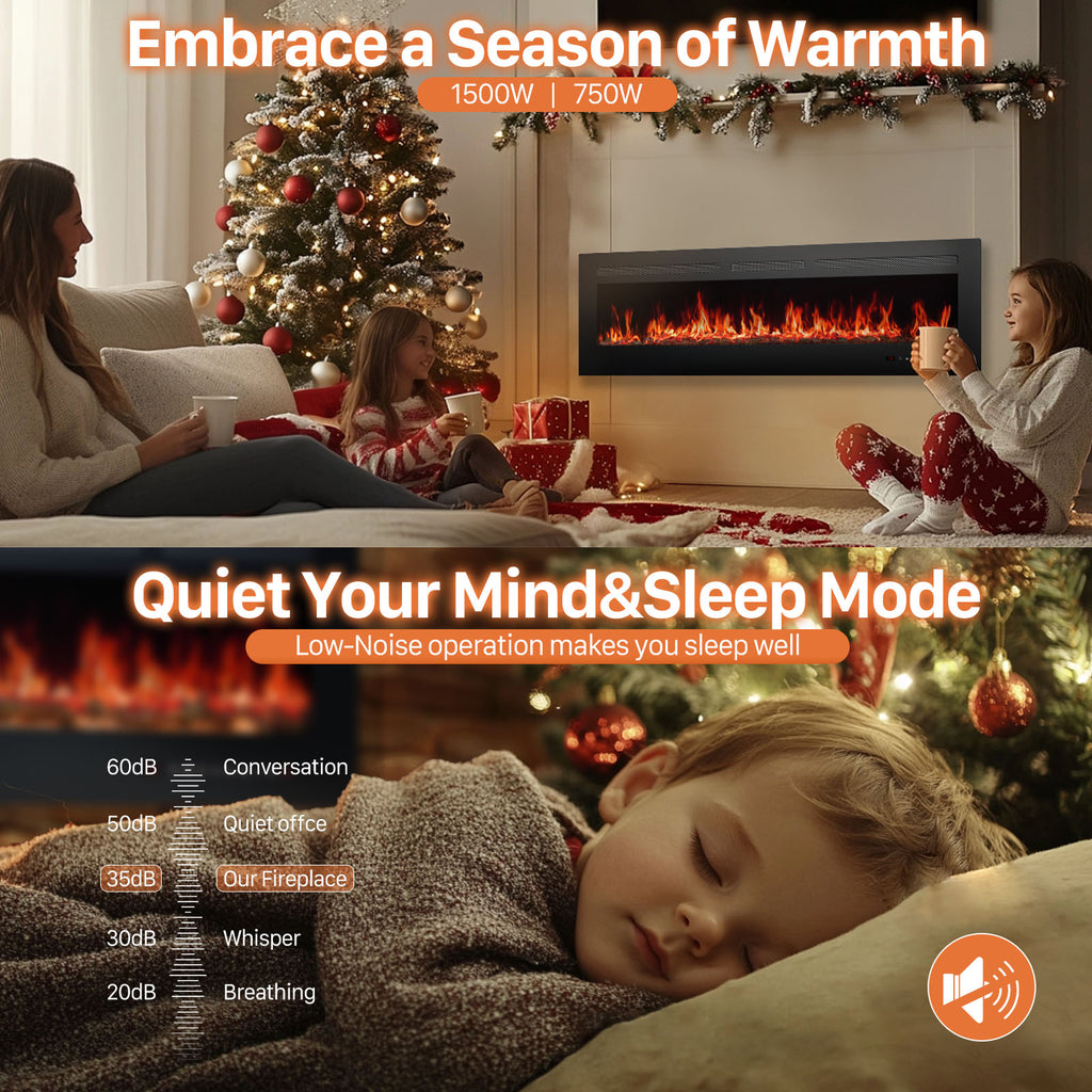 VANECL 60 Inch 3-in-1 Electric Fireplace Heater, 750W/1500W Wall Mount Recessed Freestanding Fireplace Insert with Remote Control & Multi-Color Flame Effect