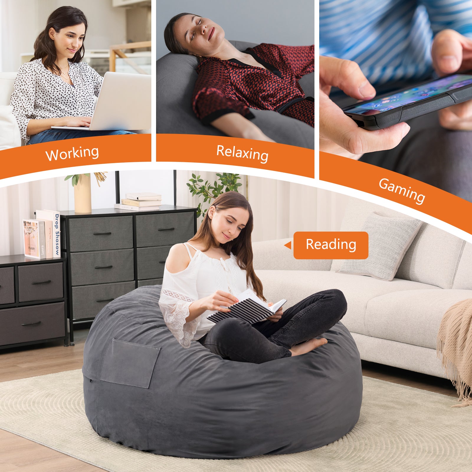 VANECL 4 Feet Foam Filled Bean Bag Chair for Adults & Kids, Soft Removable Washable Cover Lazy Sofa with Side Pocket & Carry Handle for Bedroom Living Room Dorm