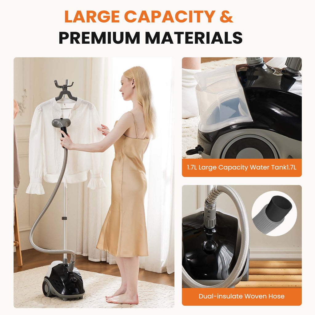 VANECL 1500W Upright Garment Steamer with Rolling Wheels, 1.7L Large Water Tank Vertical Clothes Steamer for Home & Commercial Use