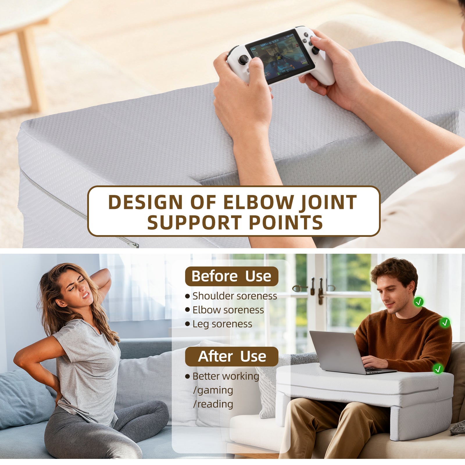 VANECL Rectangular Multi-Purpose Ergonomic Reading Pillow with Arm & Lumbar Support, Portable Bed Rest Cushion for Reading Gaming Working