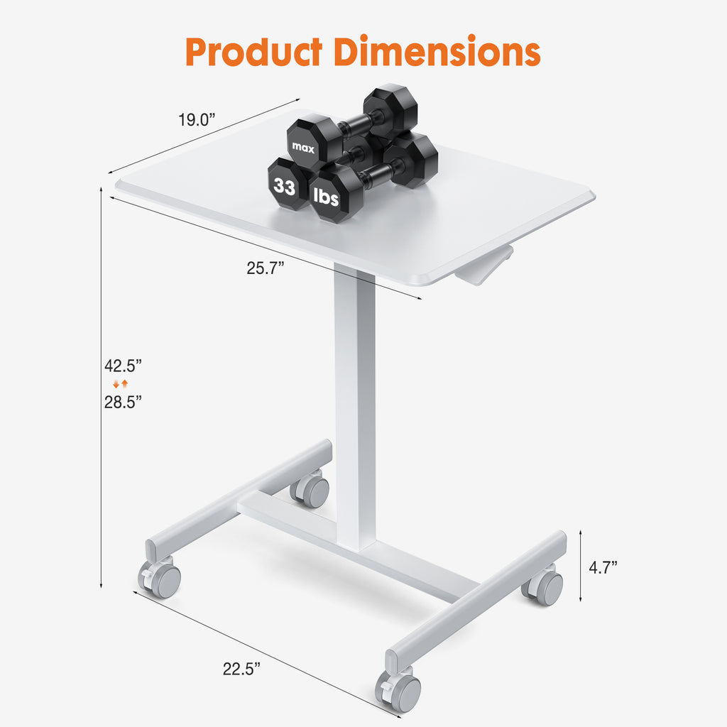 VANECL Height Adjustable Mobile Rolling Laptop Desk with Gas Spring, Wheeled Overbed Computer Cart for Home Office Classroom