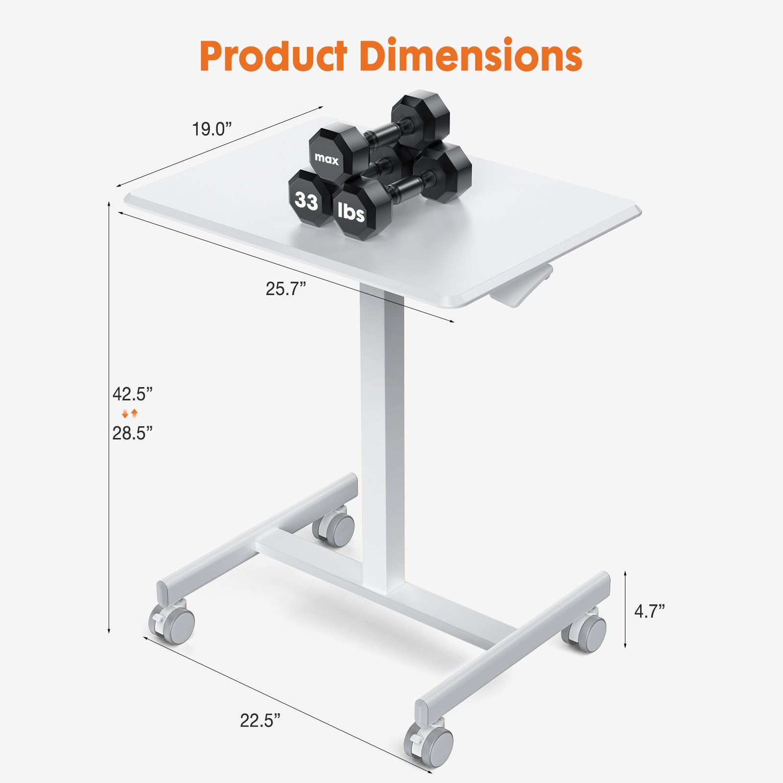 VANECL Height Adjustable Mobile Rolling Laptop Desk with Gas Spring, Wheeled Overbed Computer Cart for Home Office Classroom