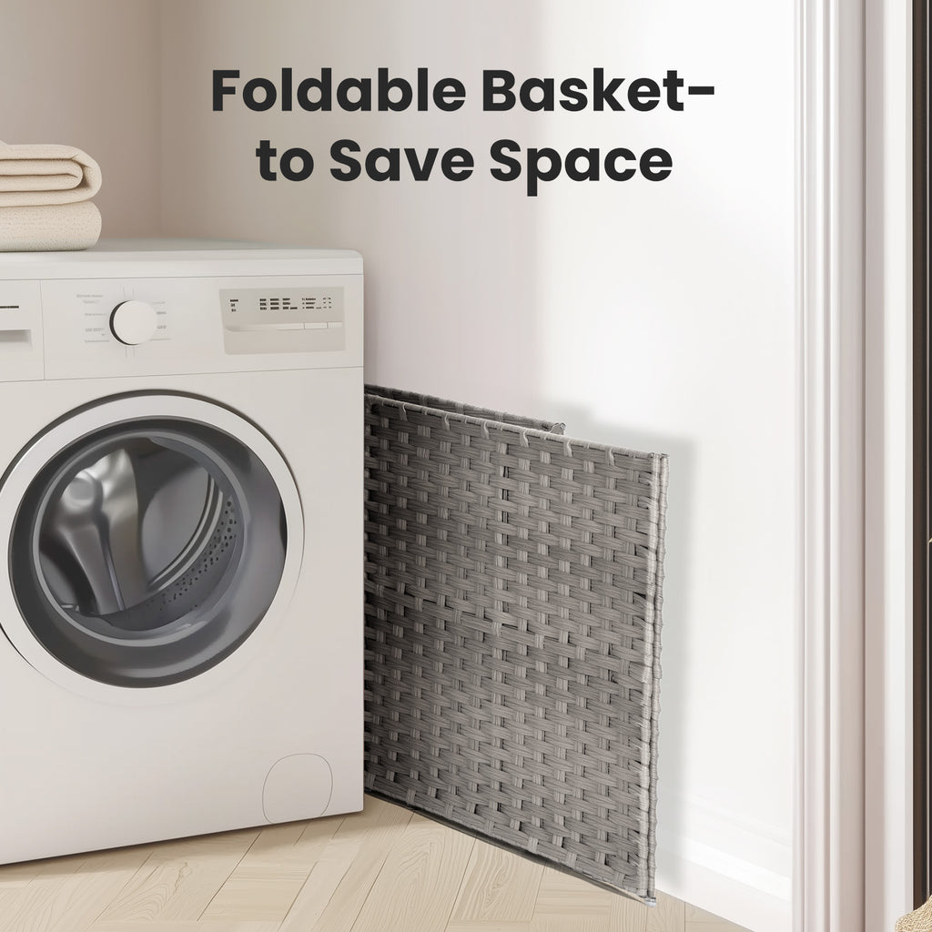 VANECL 90L Hand-Woven PP Rattan Laundry Hamper with Lid, Foldable Clothes Basket with Washable Liner & Carry Handles